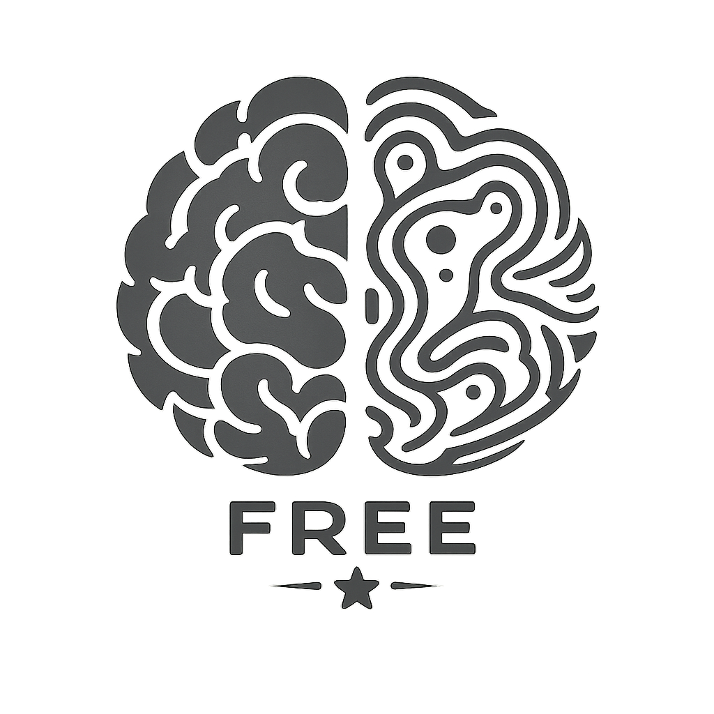 Stylized illustration of a brain split into two halves, one side representing a classic brain design and the other side a maze, with the word "FREE" and a star below.