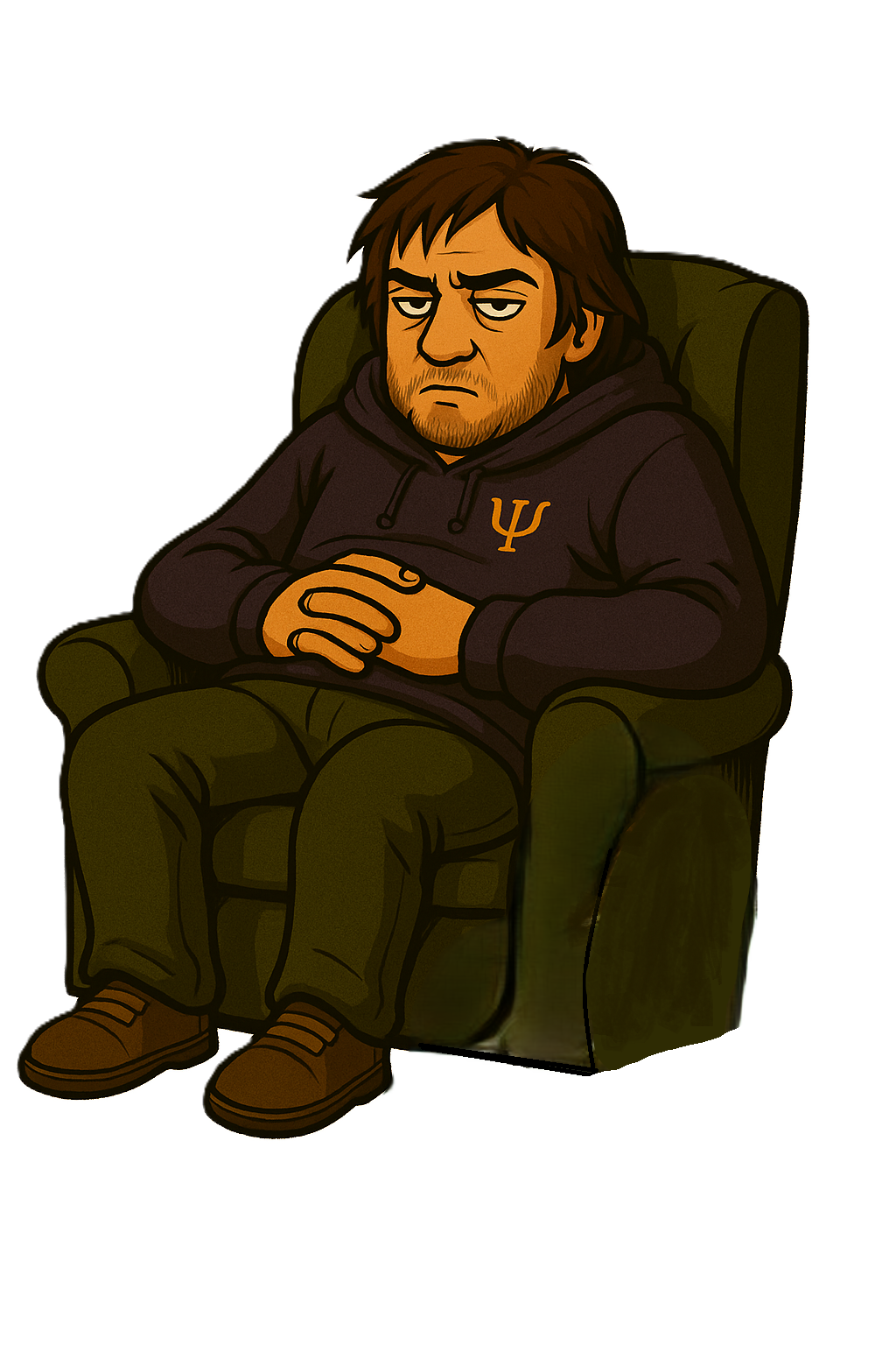 Cartoon man sitting in a green armchair with arms crossed, wearing a hoodie with Psi symbol, brown pants, and brown shoes, looking serious or annoyed.