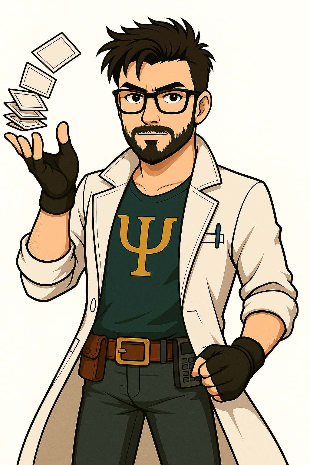 A cartoon man with glasses, a beard, and dark hair wearing a white lab coat, a green shirt with a yellow Greek letter psi, black gloves, and a brown belt with a pouch, holding five digital cards or screens in one hand.