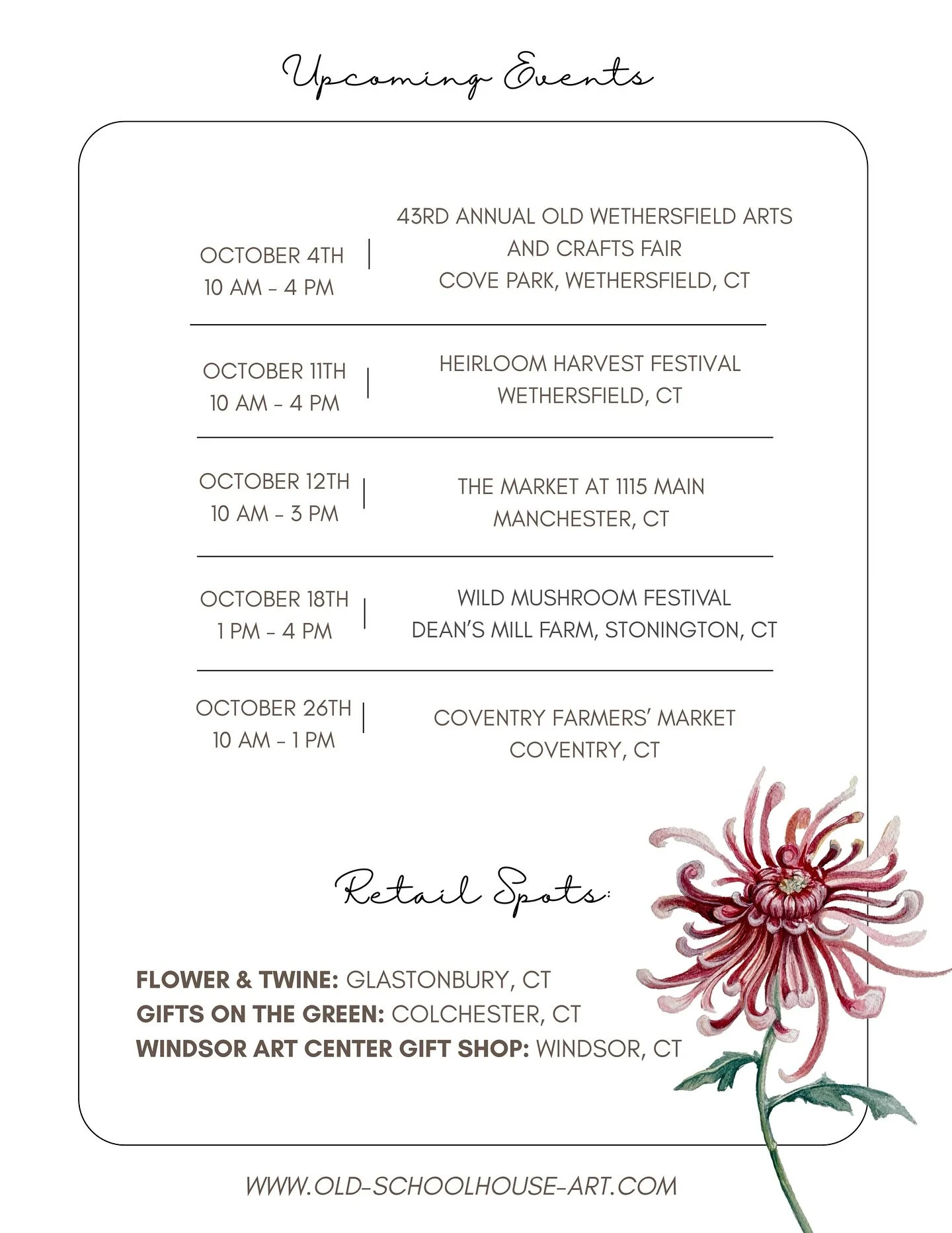 Headed into a month of markets!
Originals, new seasonal products, and more. Find me in Old Wethersfield, Manchester, Stonington and Coventry.
#octoberevents #vendor #oldschoolhouseart #oldschoolhouse #schoolhouse #aliviarubino