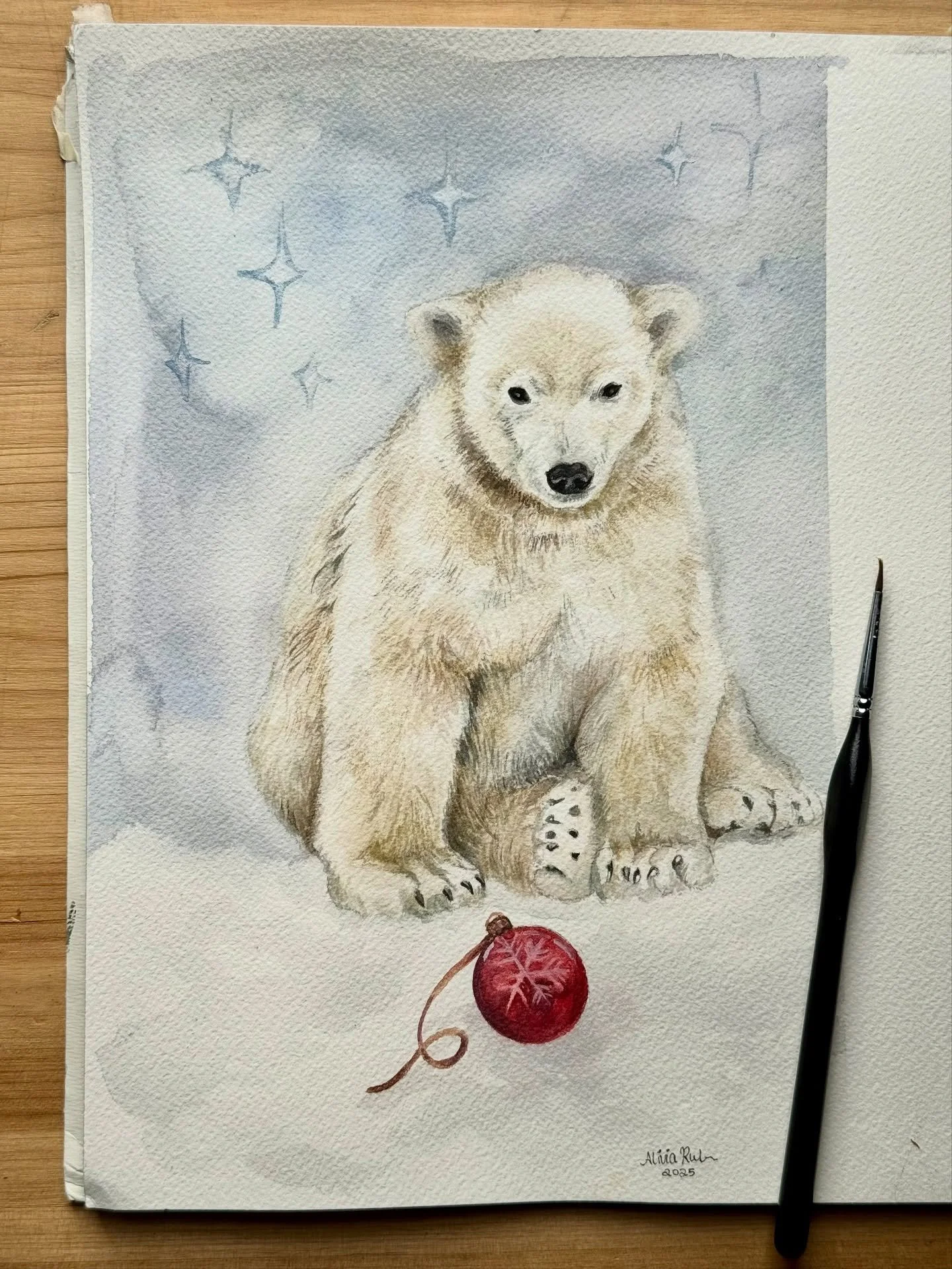 Anddd we have a new polar bear painting! The sky is going to be darkened like with the fox, but I&rsquo;ll get to it.
This polar bear will be going into a variety pack of cards with the sea otter, holiday fox, fawn, and two more new paintings.
#winte