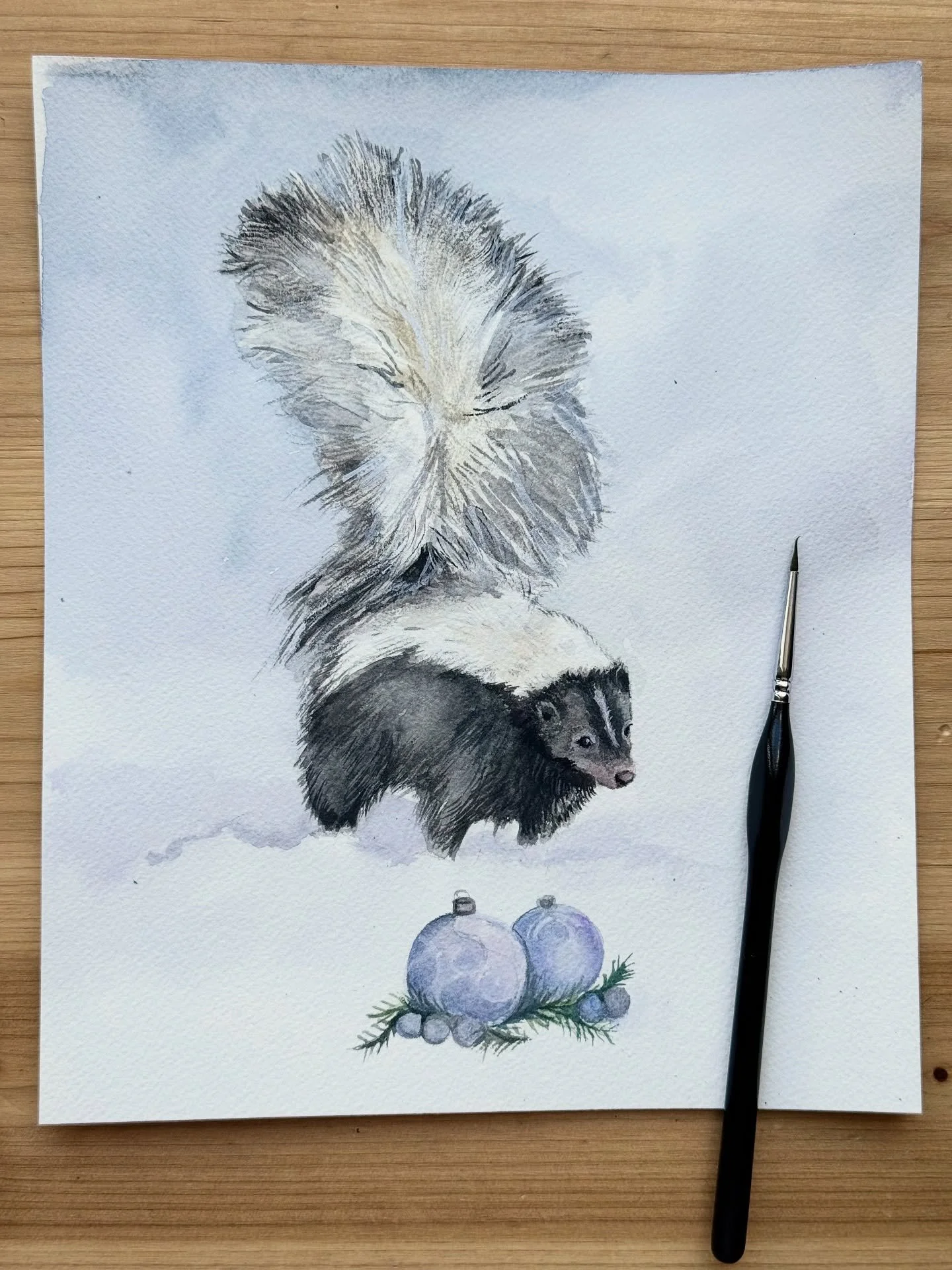 I don&rsquo;t know who thinks about skunks during the holidays, but they are absolutely adorable! My dog almost got sprayed by one in our yard this summer, and ever since then I&rsquo;ve wanted to paint one.
#tistheseason #skunks #holidays #animals #