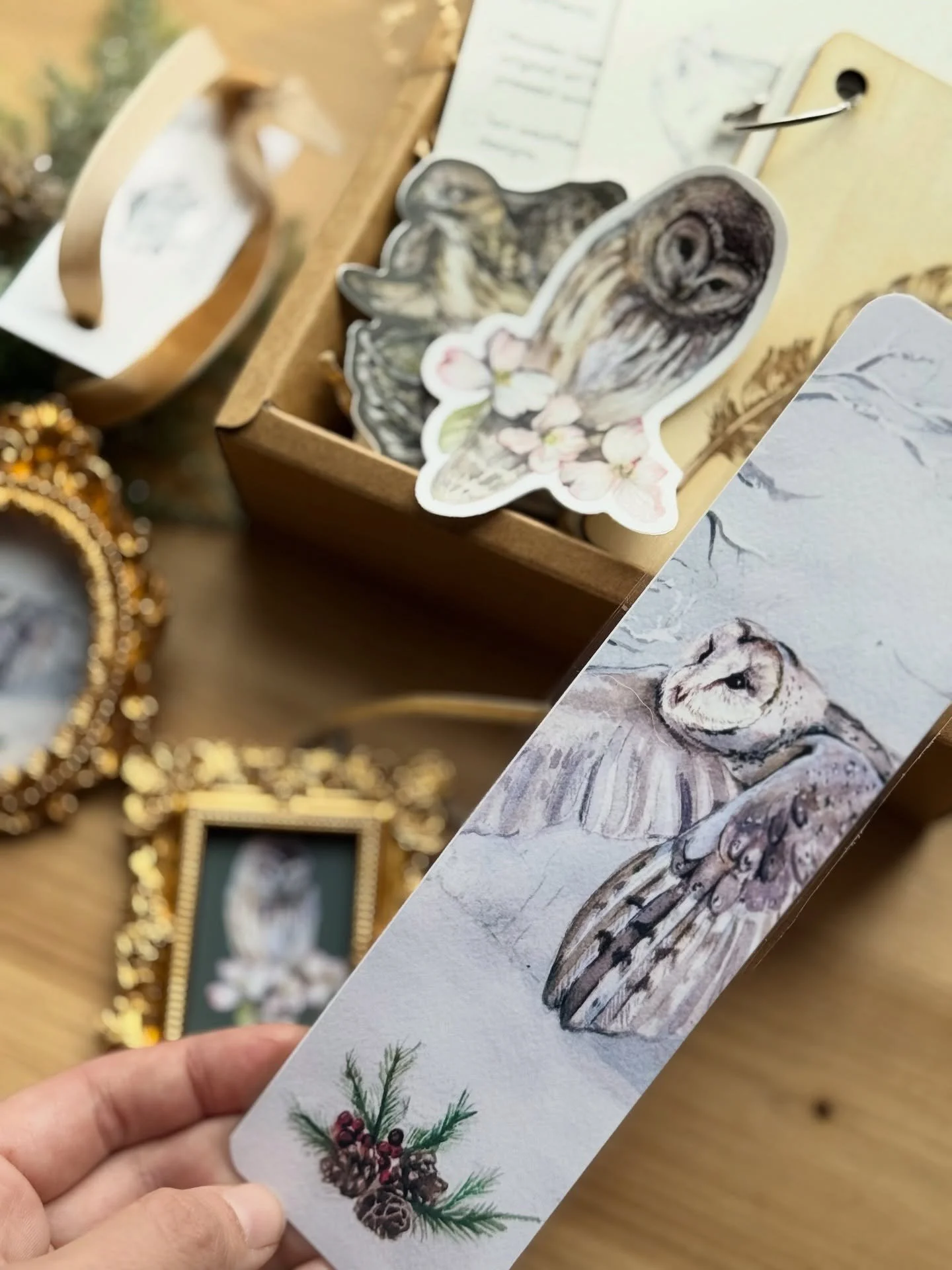 For the bird lovers:
🦉🪶
NEW Handmade bookmarks
Ornaments (with chunky velvet ribbon!)
Refillable watercolor nature journal with bird stickers and coloring sheet

I also have (unpictured) magnets, art prints, and more stickers. 
#bird #birdwatching 