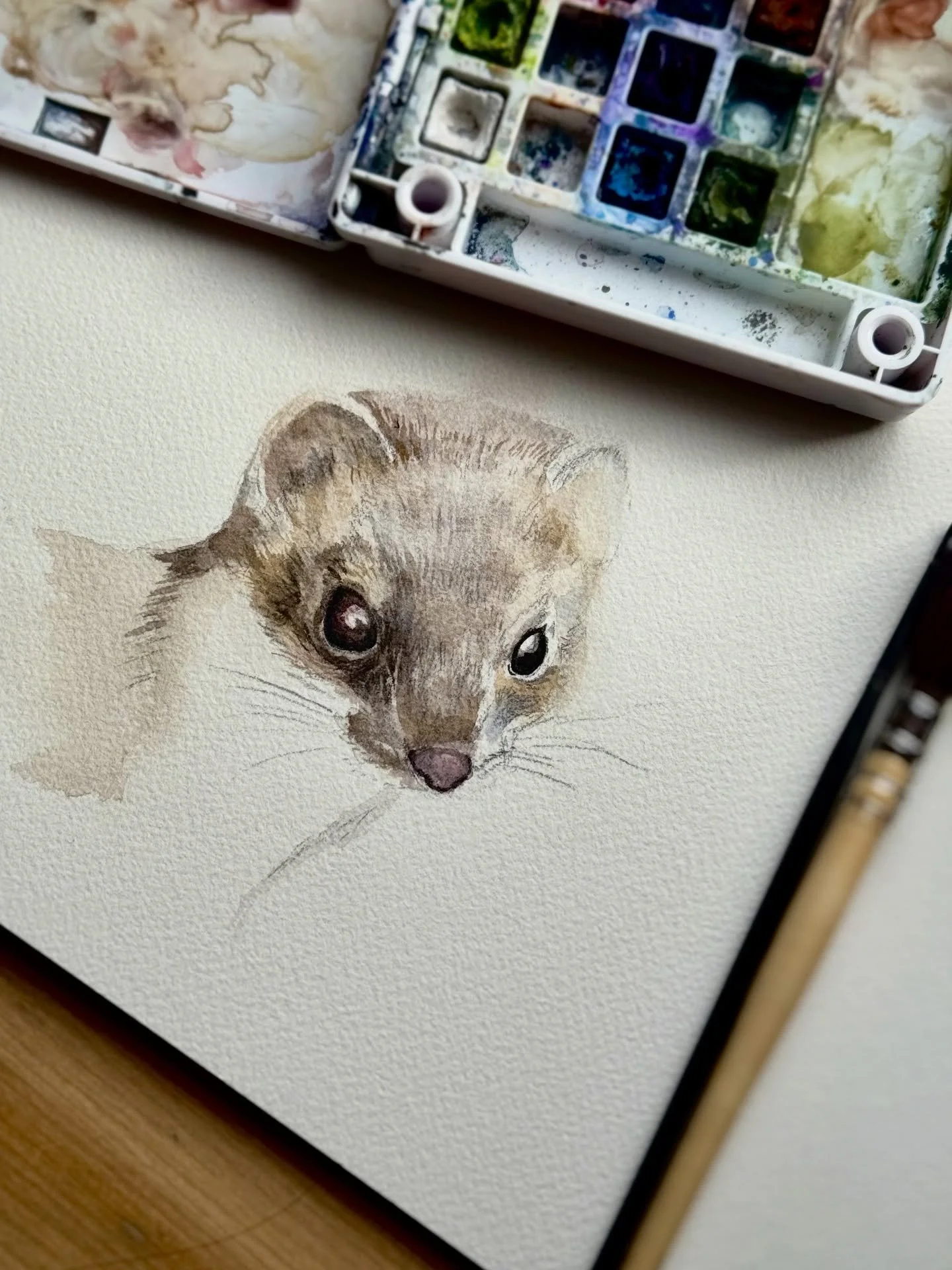 Work in progress.
The hardest part of having a business in November in December is having to pause painting in order to make the products. I haven&rsquo;t painted in at least a month, but new collections are on their way for 2026. 
#weaselfamily #ame