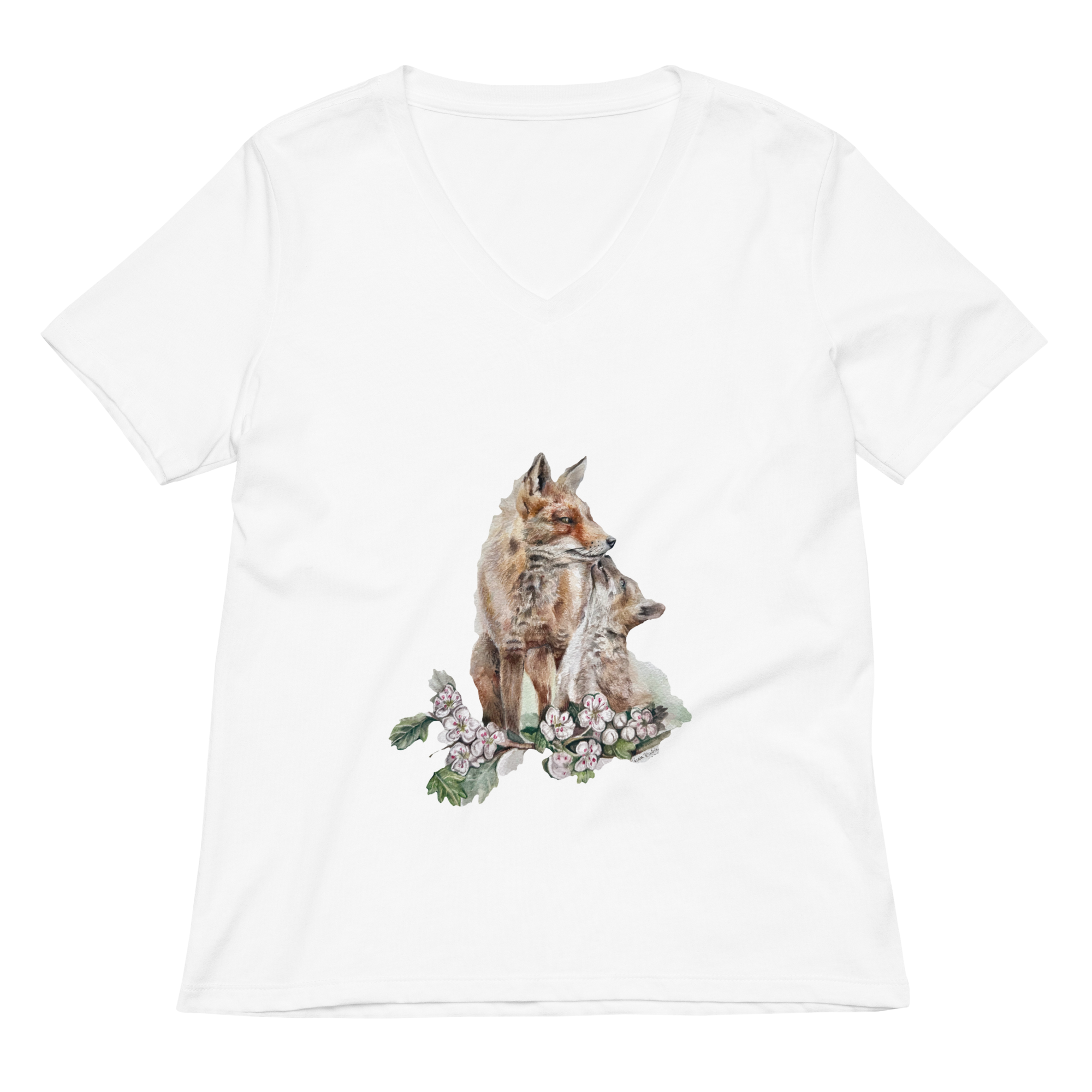 Women’s Mother Fox and Kit V-neck T-Shirt Original Illustration