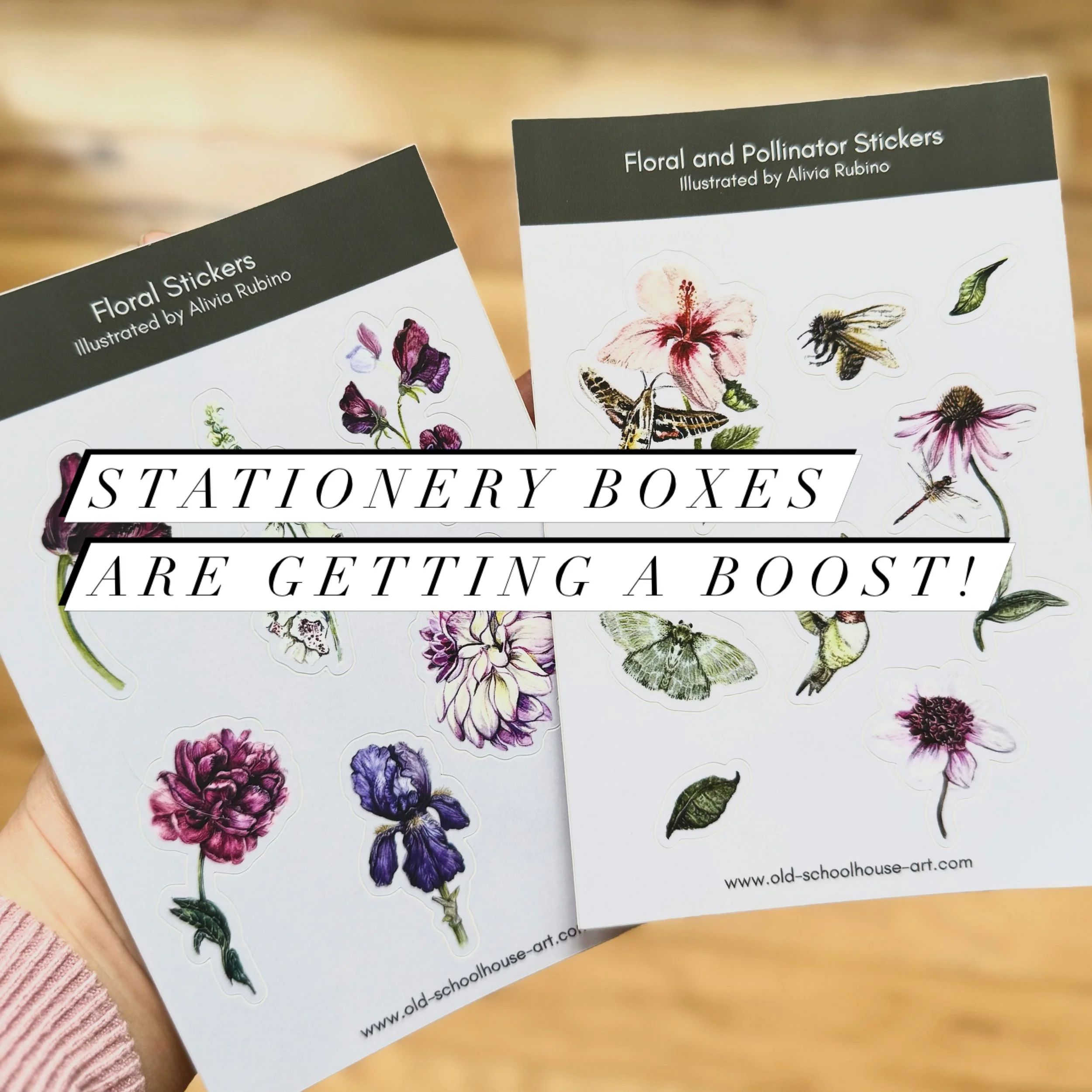 The stationery boxes are getting an upgrade next week. Beautiful coordinated stickers to seal the envelopes on matching floral cards! #oldschoolhouseart #floralstickers #pollinatorstickers #wholesalenotecards #giftsets