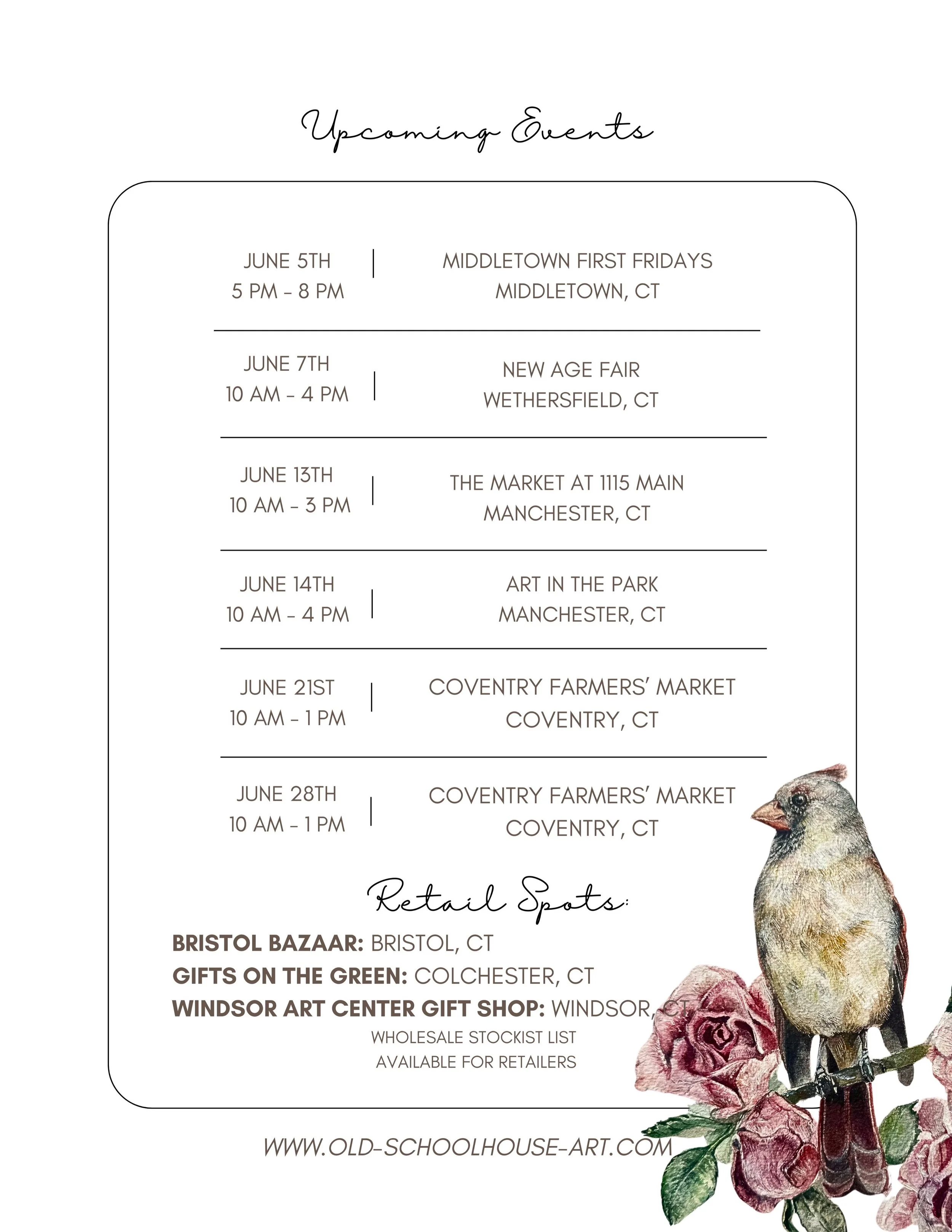One last May event this Saturday @heirloommarket, but June is packed! We&rsquo;ll be at @middletownfirstfridays, the New Age Fair @ascofct , @themarket1115, @manchesterartinthepark , and @coventryfarmersmarketct .

You can still find our table at The