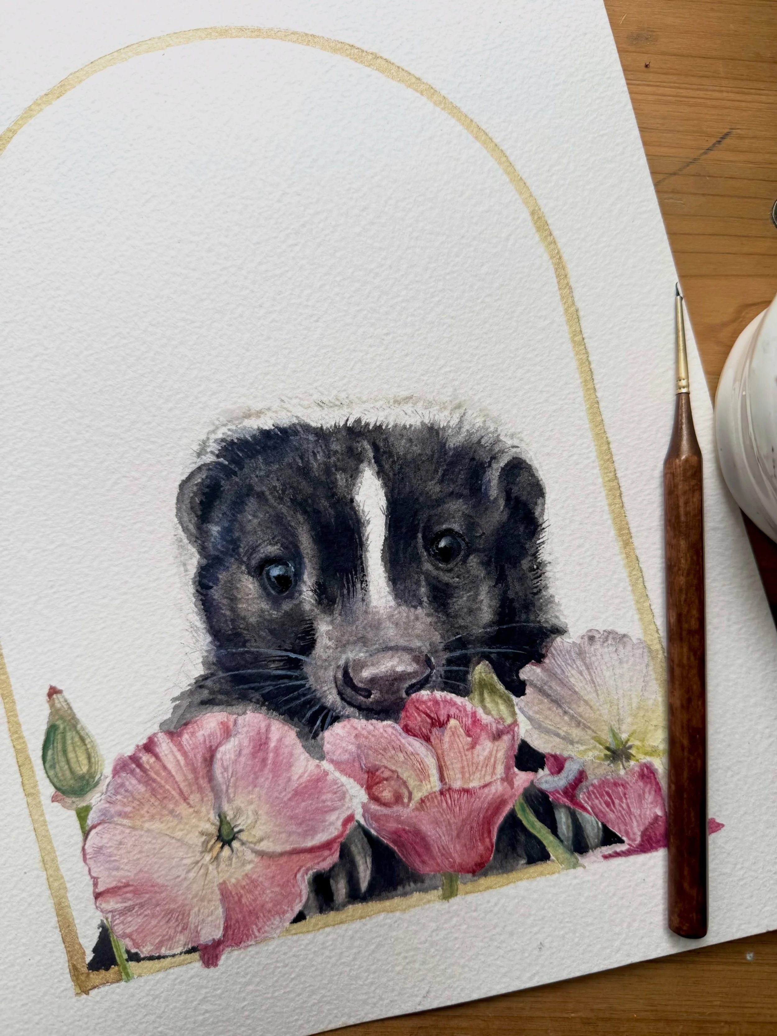 Was supposed to finish the fox today, but the skunk begged to be painted. Still needs a little work, but these guys are sooo cute. #skunk #skunks #skunkart #wildlifeart #wildlifeartist