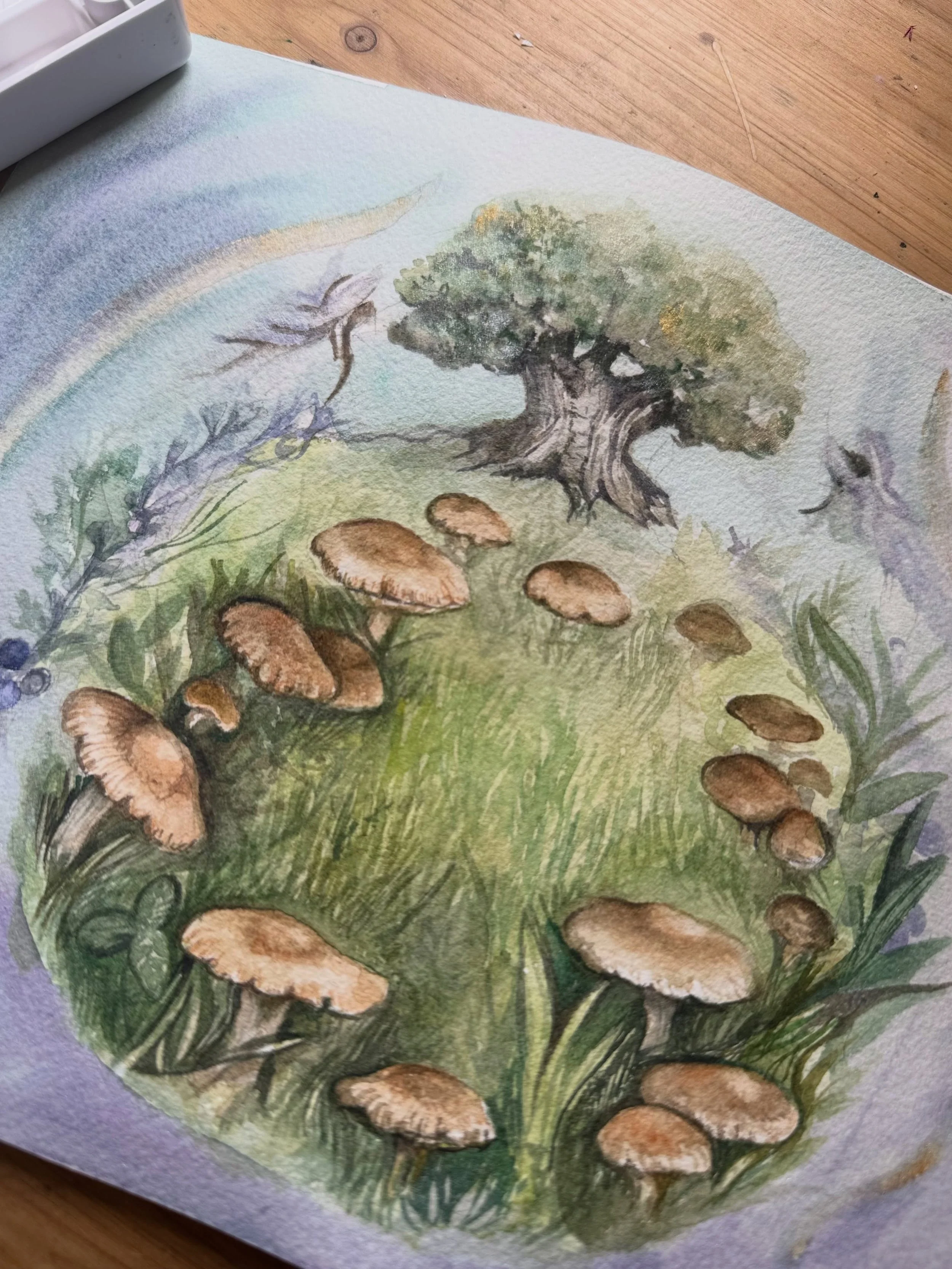 Found an unfinished mushroom ring painting and decided it needed to be loosely finished. Not my typical style for the background , but it&rsquo;s channeling Waldorf art. #mushroomring #fairyring #waldorf #mushroom painting