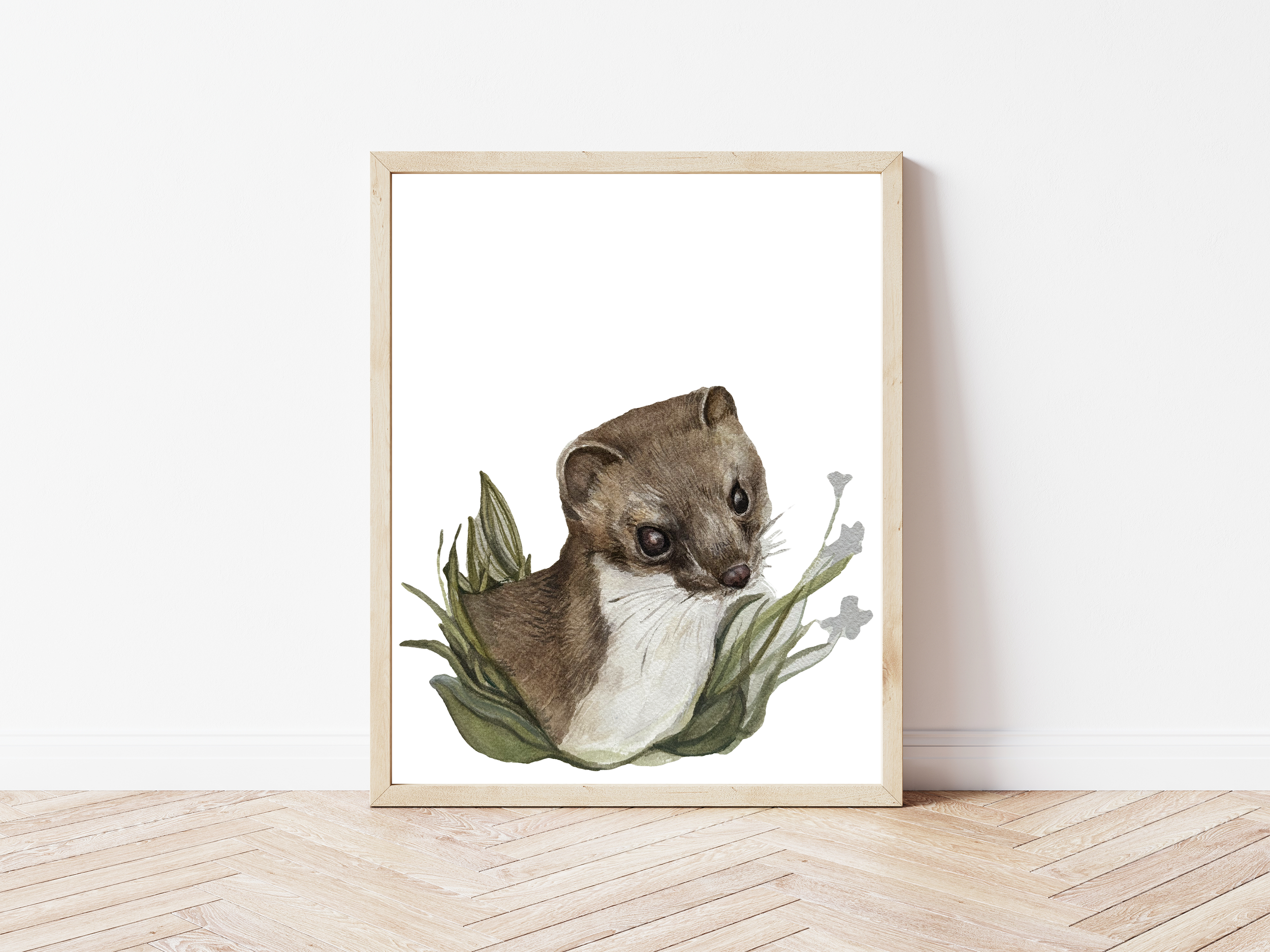 American Stoat in the Grass/ Watercolor Painting Fine Art Print / Nursery Decor / Cottagecore / Home Decor