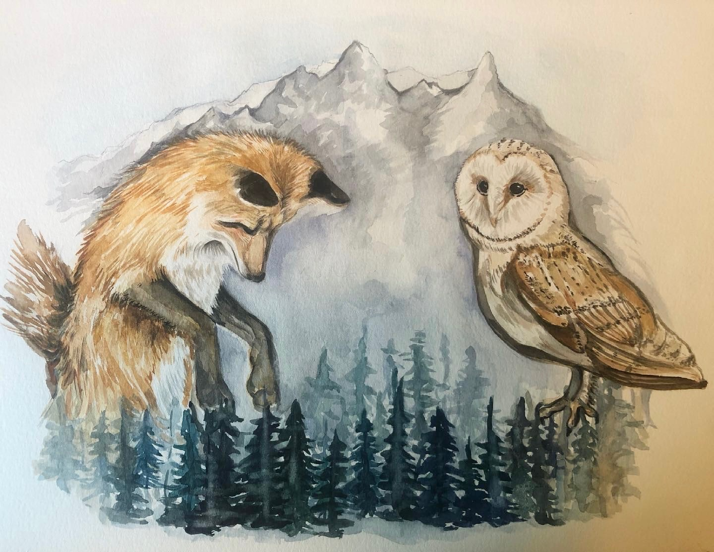 Commission: Fox, Barn Owl, Mountains