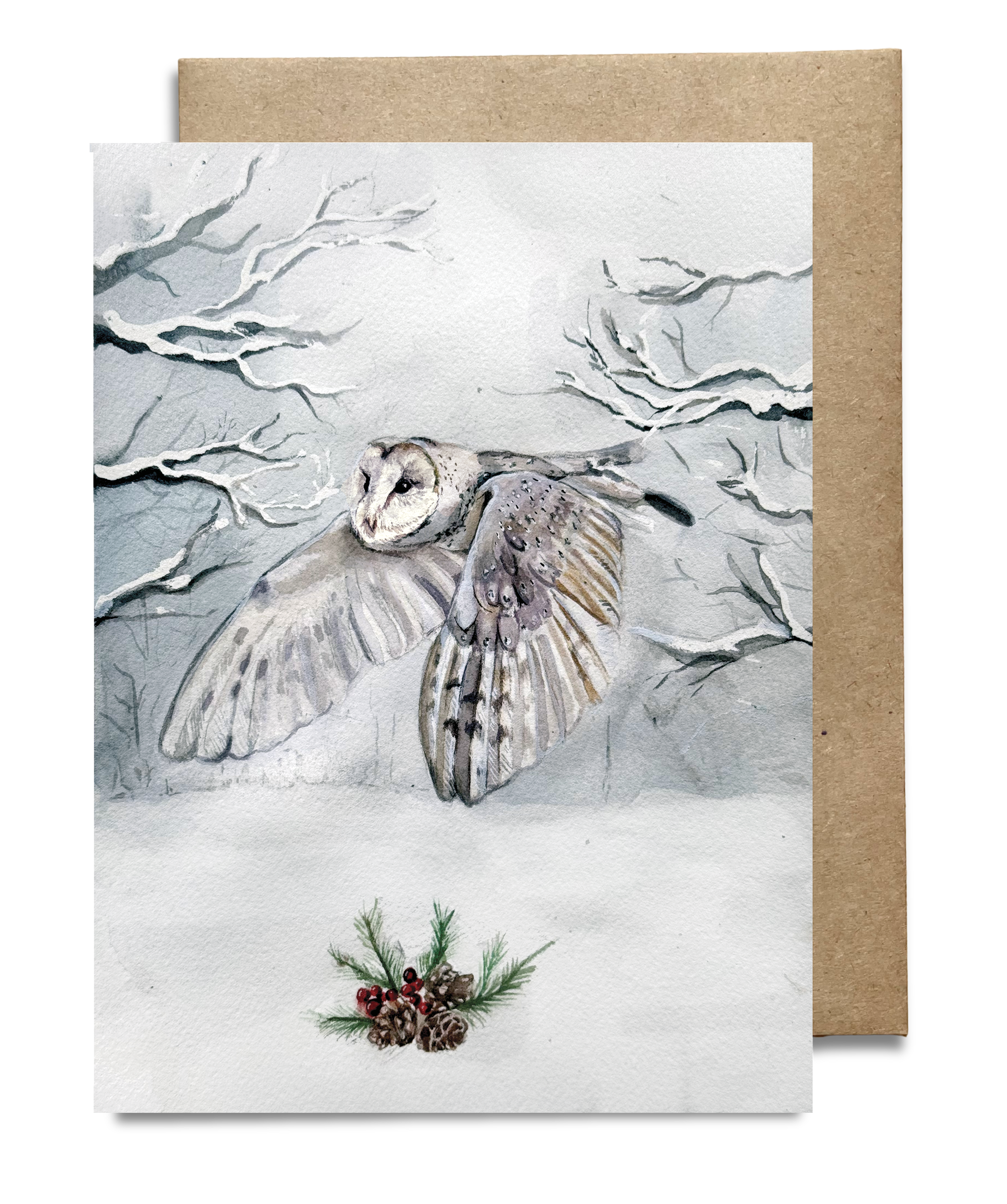 Elegant Barn Owl in Winter Wonderland Holiday Card / Original Watercolor Card/ Seasonal Card / Season's Greetings