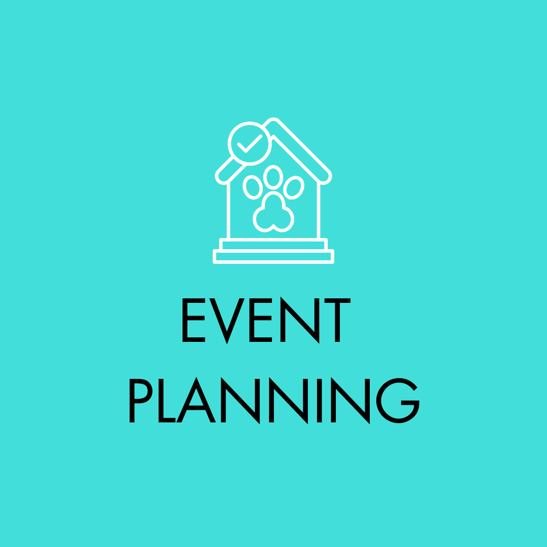 Icon of a doghouse with a check mark and the text 'Event Planning' on a light blue background.