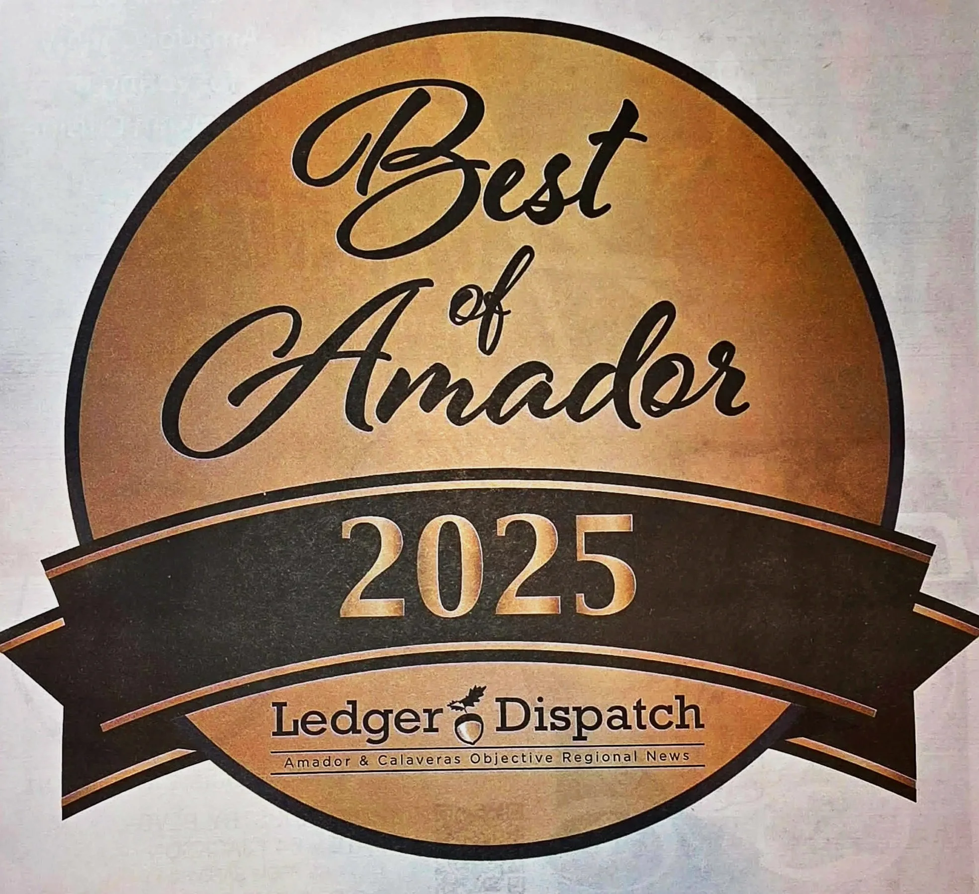 Award badge labeled 'Best of Amador 2025' from Ledger Dispatch, a regional news outlet for Amador and Calaveras counties.