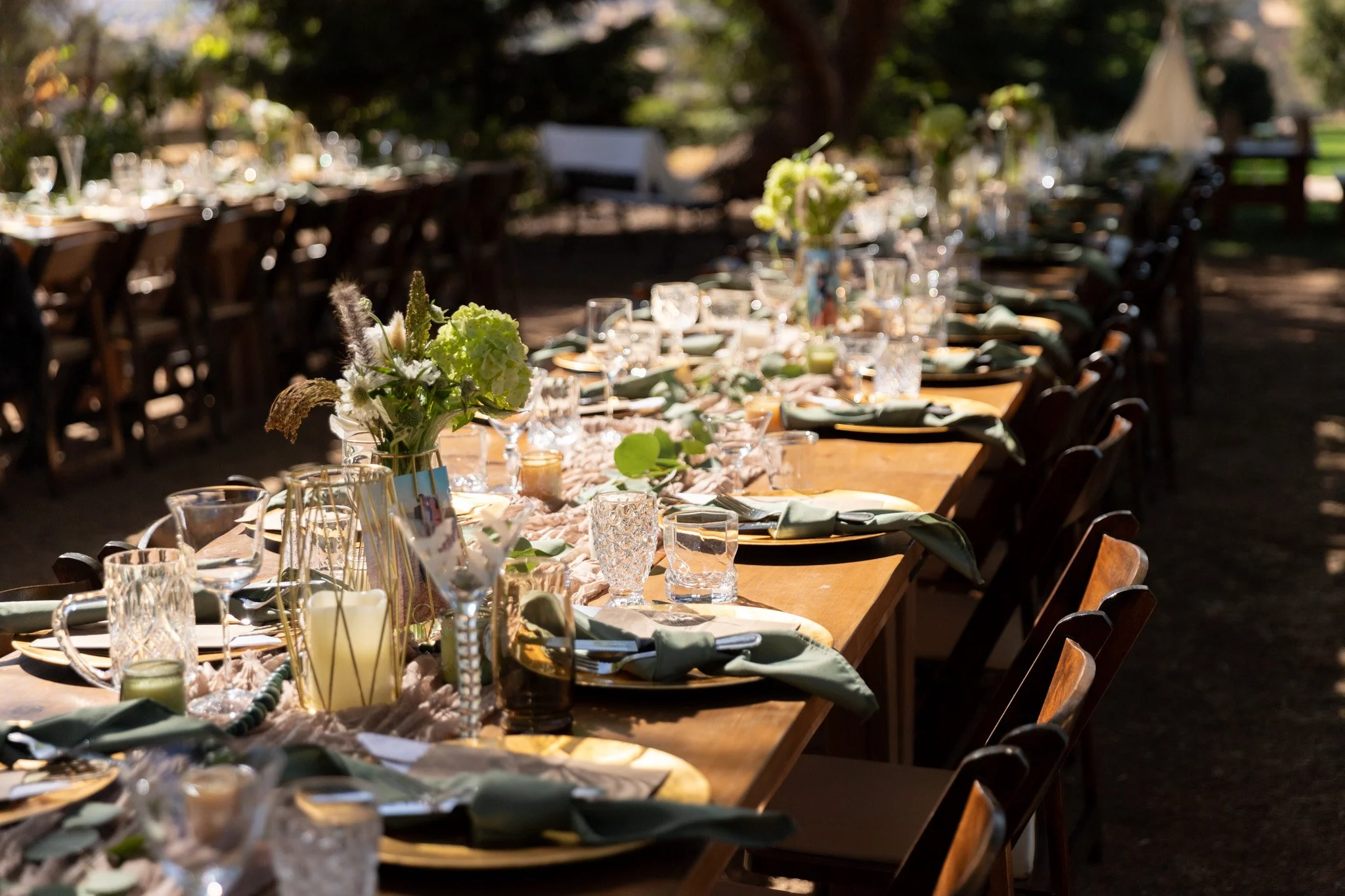 Long outdoor banquet table set for a celebration, decorated with flowers, candles, glassware, and napkins, in a garden setting with sunlight filtering through trees.