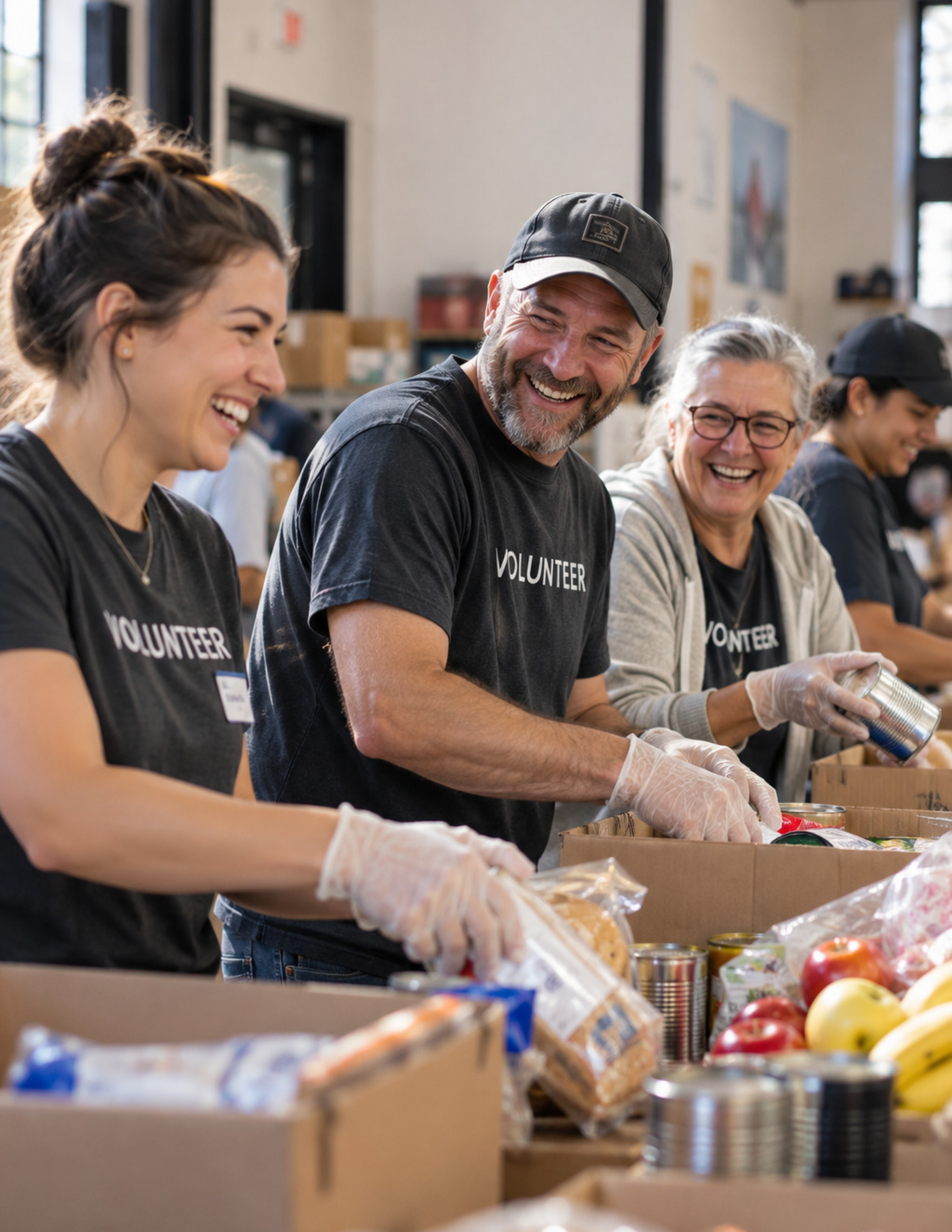 Non-profit volunteers of different ages laugh and work side by side, packing donated food into boxes at a community food distribution program.