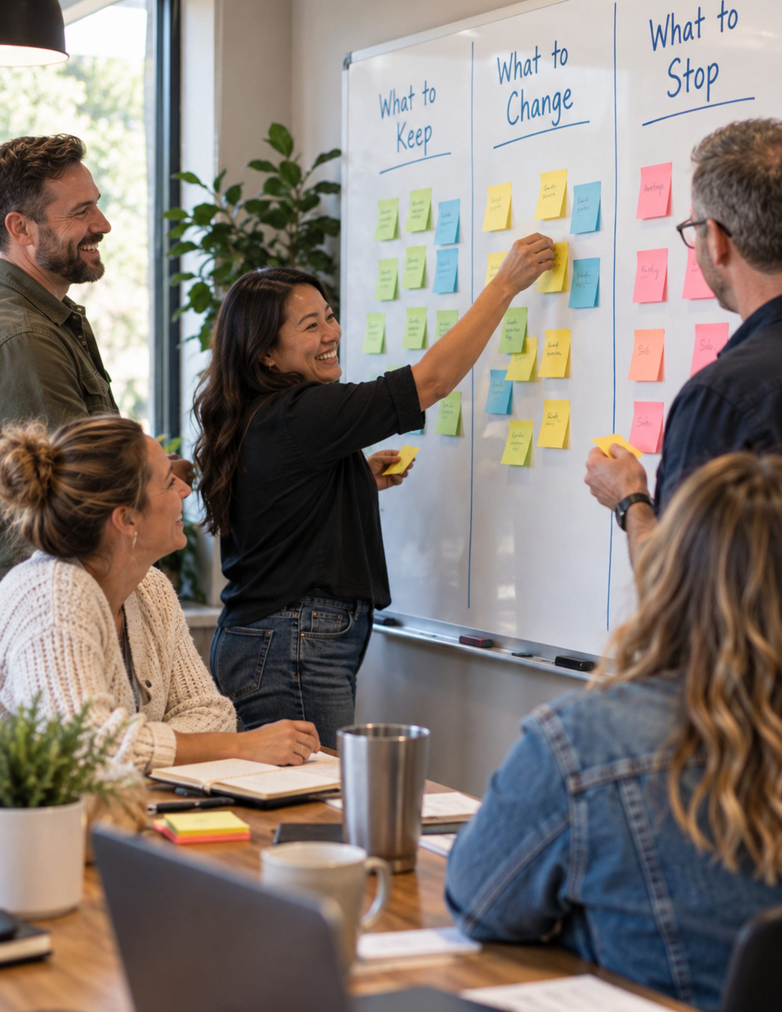 Church staff participate in a collaborative workshop, placing sticky notes under “What to Keep,” “What to Change,” and “What to Stop” on a whiteboard.