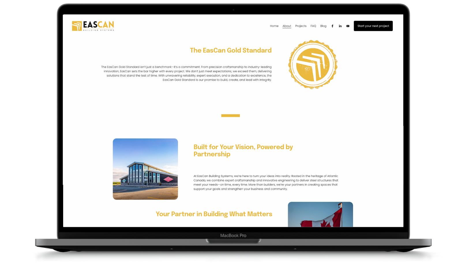 Screenshot of a website homepage for EasCan Building Systems, featuring the company's logo, a gold emblem, a section about their standards, and images of building projects with headings about partnership and building solutions.