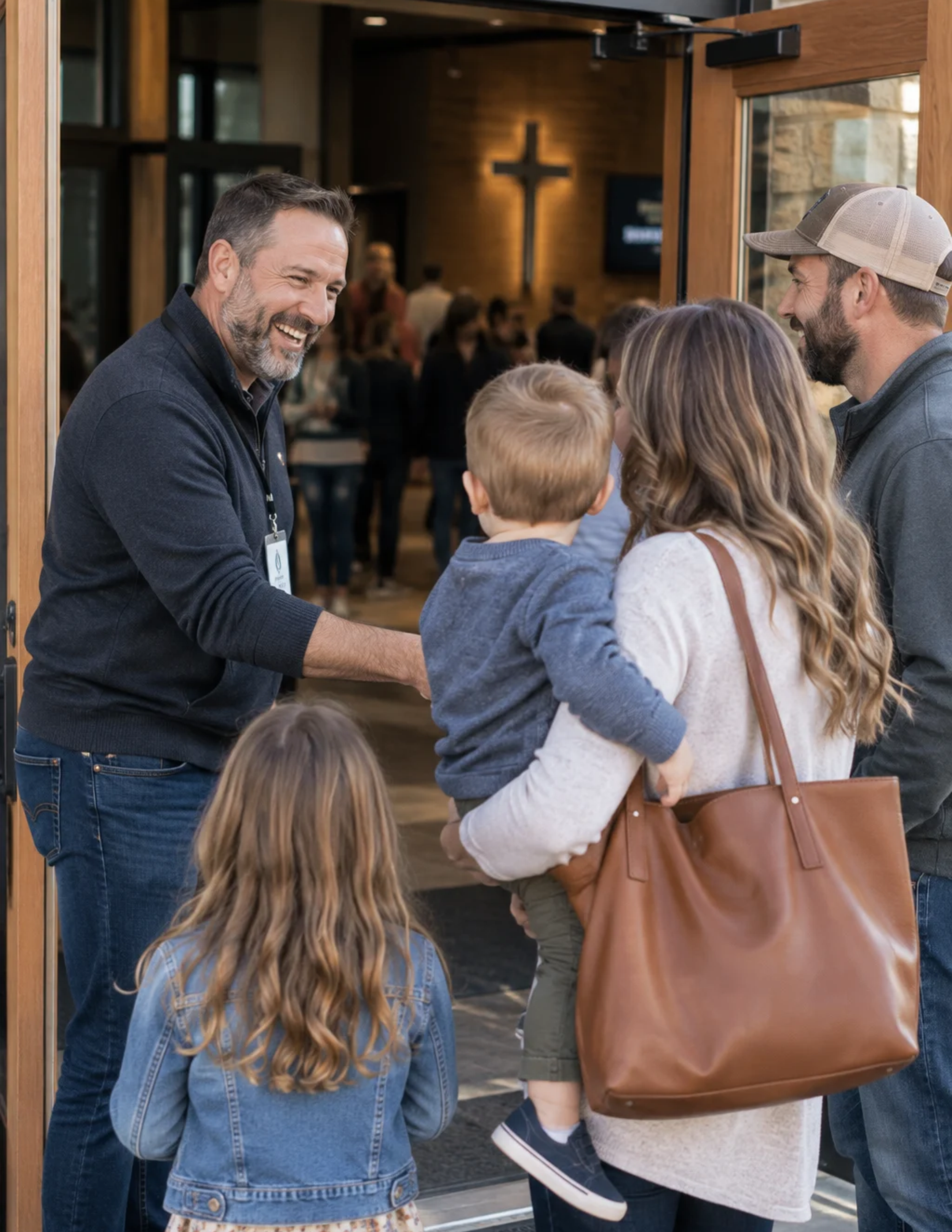 Church greeter warmly welcomes a young family with children at the open church doors as people gather inside.
