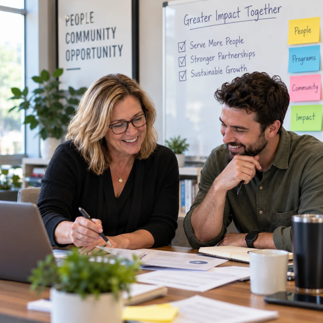 Non-profit executive director and younger staff leader smile as they review strategic plans together, discussing organizational goals, community impact and future growth.