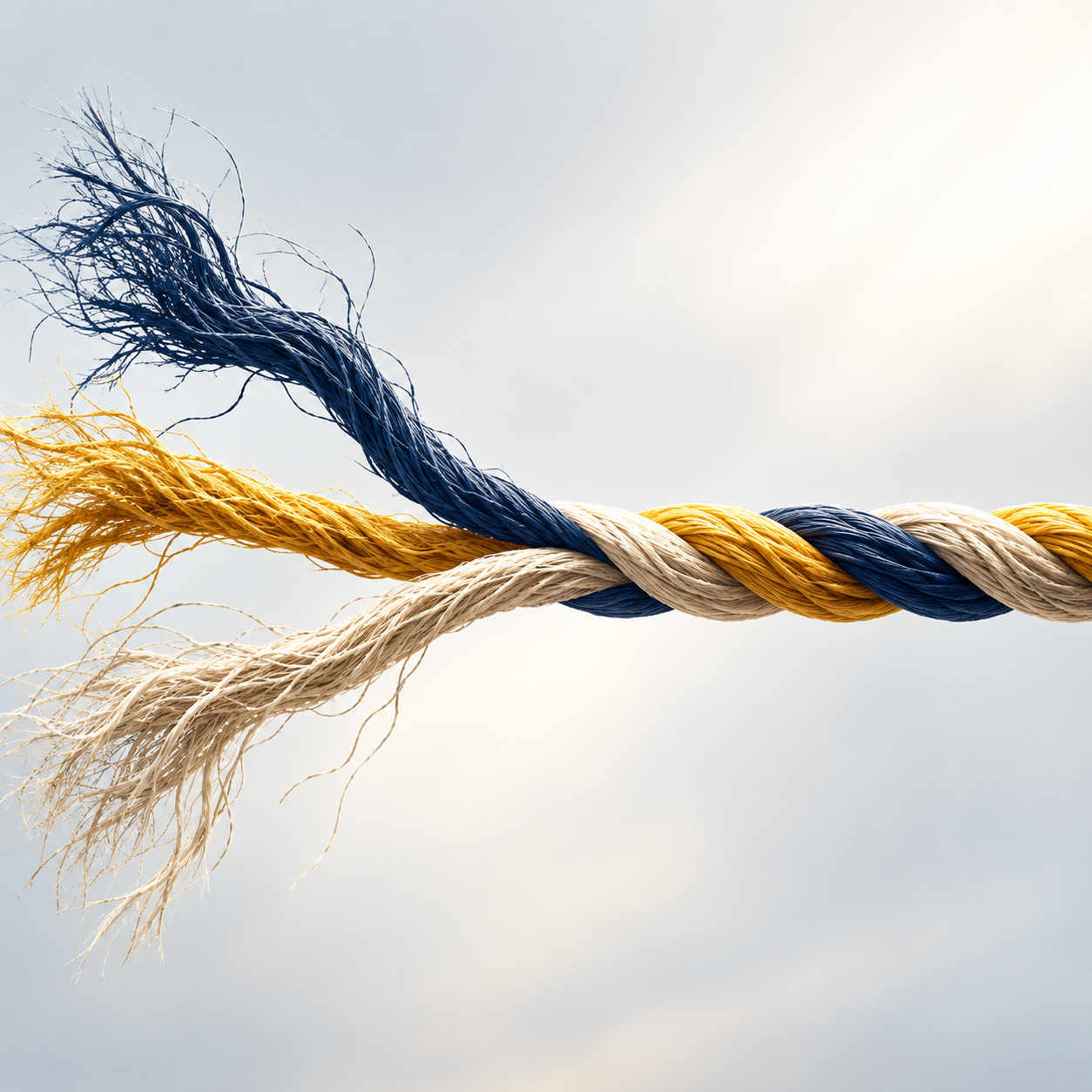 Close-up of intertwined navy blue, golden yellow, and cream braided fibers with frayed ends