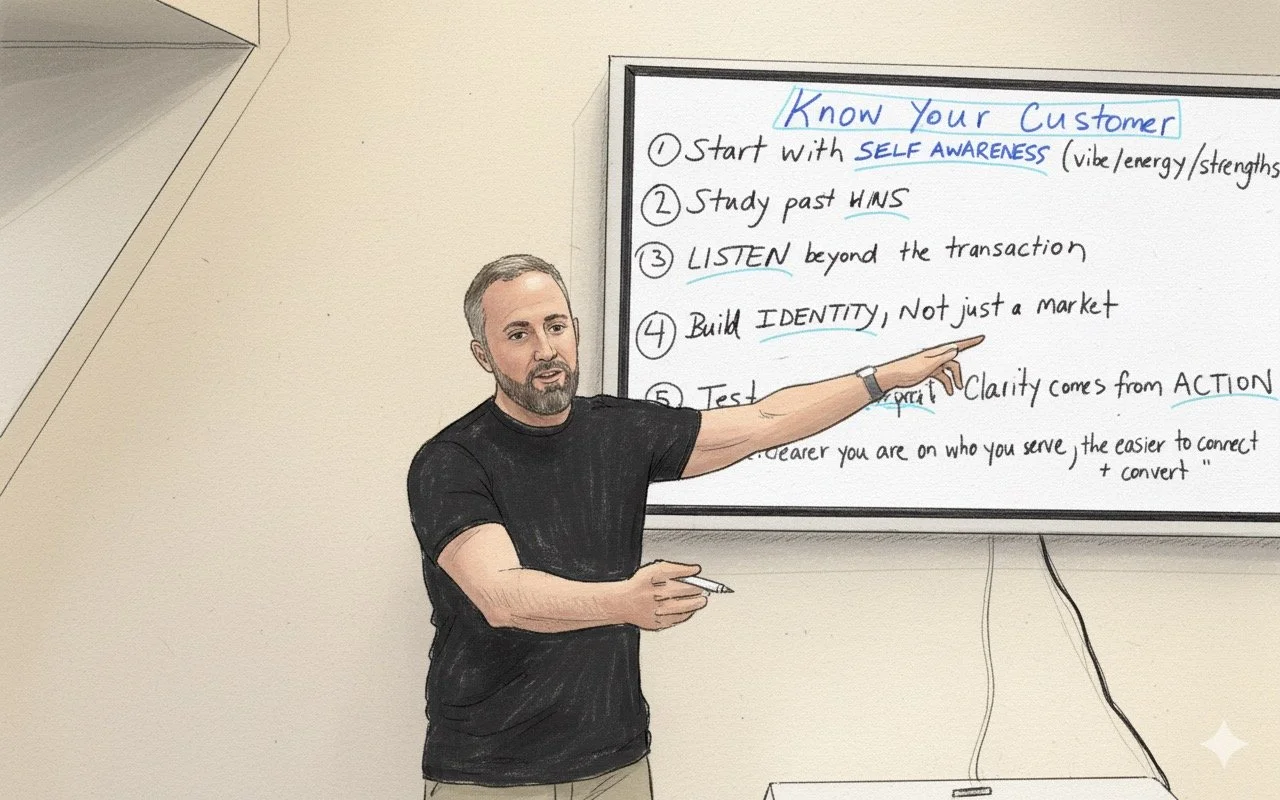 A man with a beard and short hair standing in front of a whiteboard, pointing at a list with a marker in his right hand. The whiteboard has a heading 'Know Your Customer' and contains handwritten text with numbered points.