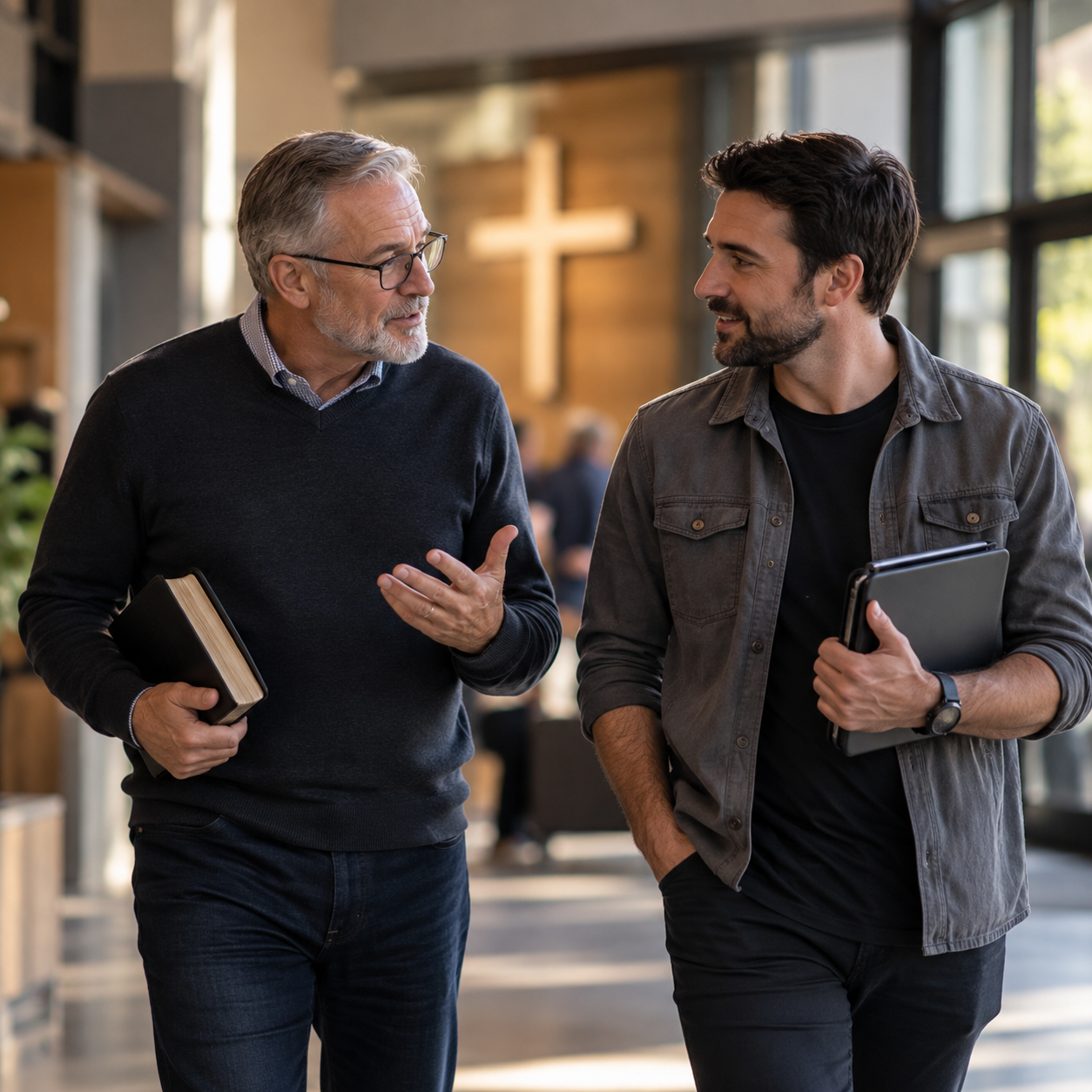 Senior pastor and younger church leader walk side by side in conversation, illustrating mentorship, trust and leadership being passed to the next generation.