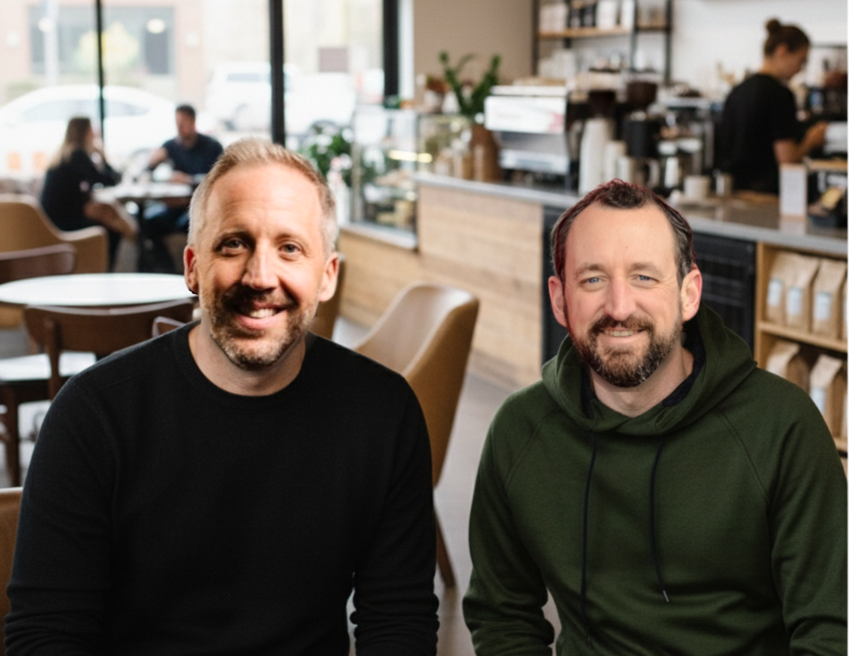 Two men smiling and sitting in a coffee shop with a counter, shelves, and other customers in the background.