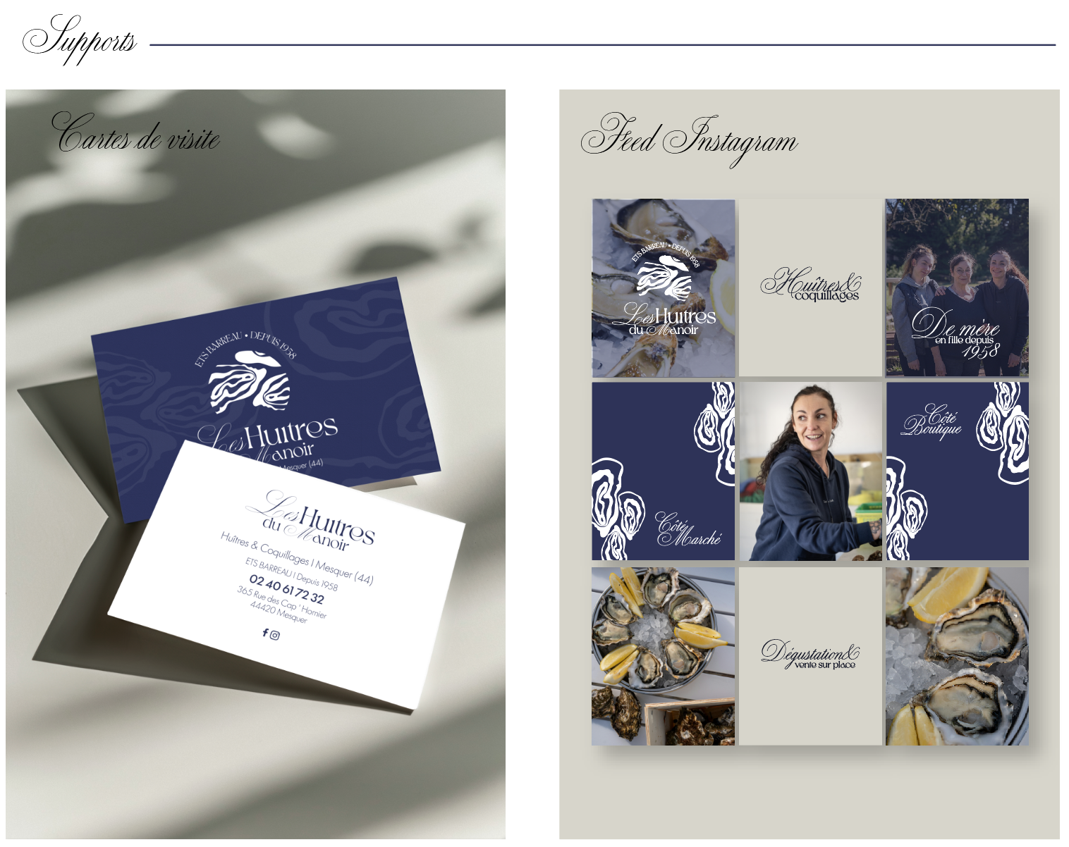 Rebranding & Identité Visuelle — Les Huîtres du Manoir - Charlie RIO GRIVAUD - cartes de visite / feed instagram