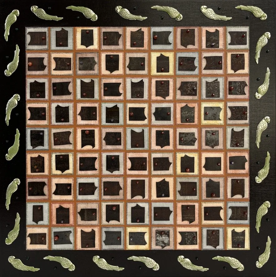 It Was Agent Orange Not a Cracker. 2026 wood, metal, canvas, pigment, beads, charms
18 x 18