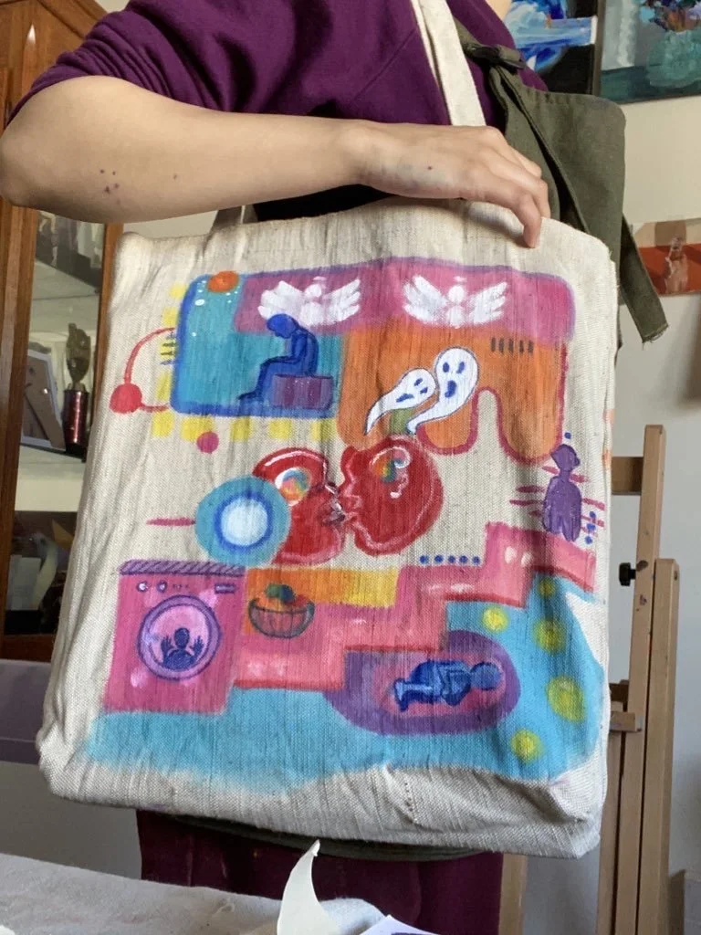 The Machine 
hand painted tote bag 

Acrylic & fabric paint on canvas tote bag. 