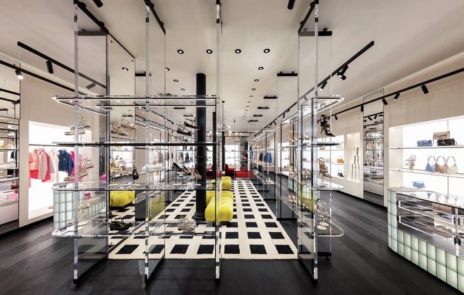 Just completed by @atmospheredesigngroup&mdash; Valentino&rsquo;s new boutique on Prince Street in SoHo&rsquo;s landmark district opened on Saturday in time for New York Fashion Week. The boutique features glass block tables with lighting; a black oa
