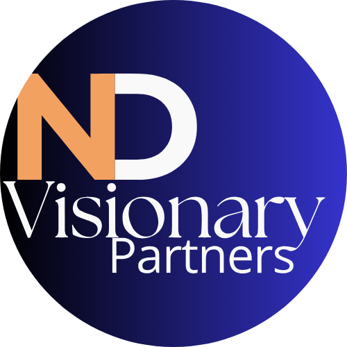 ND visionary Partners Logo Orange and White with a blue to black background