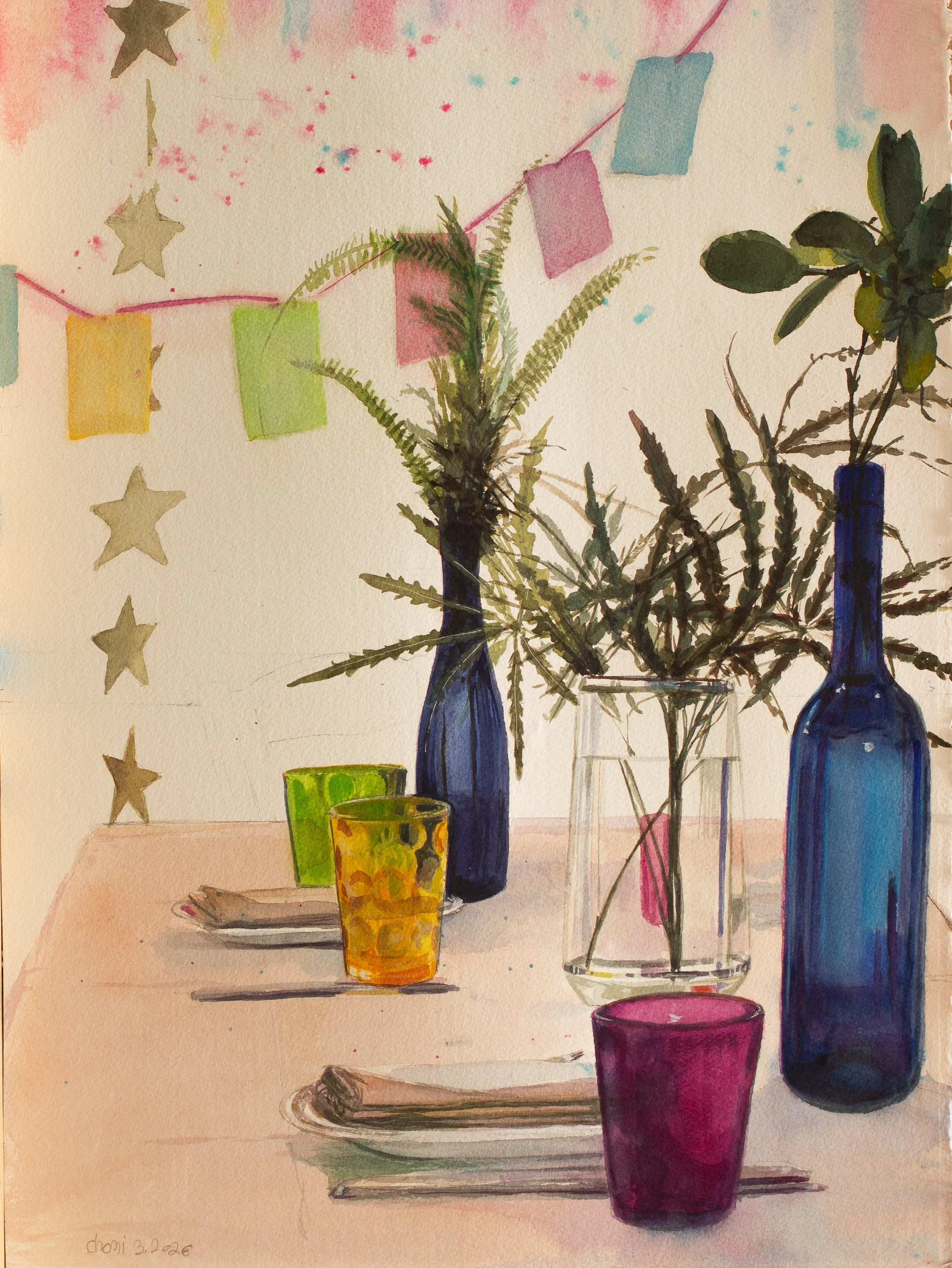 המסיבה | צבעי מים, 38×56 ס"מ, 2026