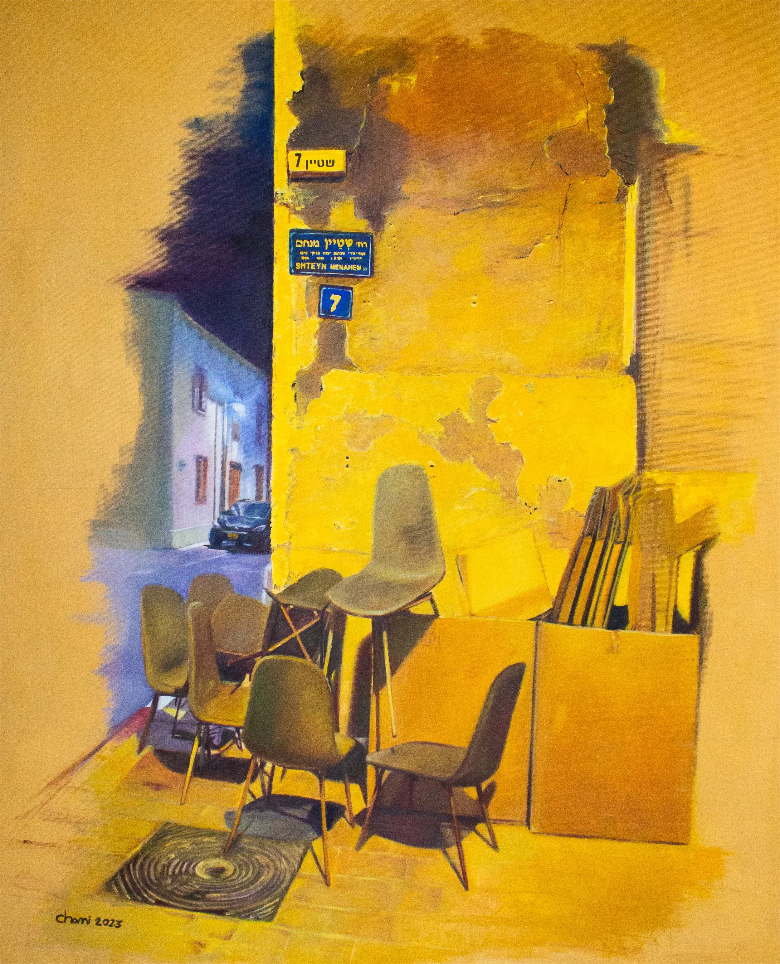 Oil painting with chairs on the street in Tel Aviv Israel jewish judaica judaika judayca judayka TLV israeli artist .jpg