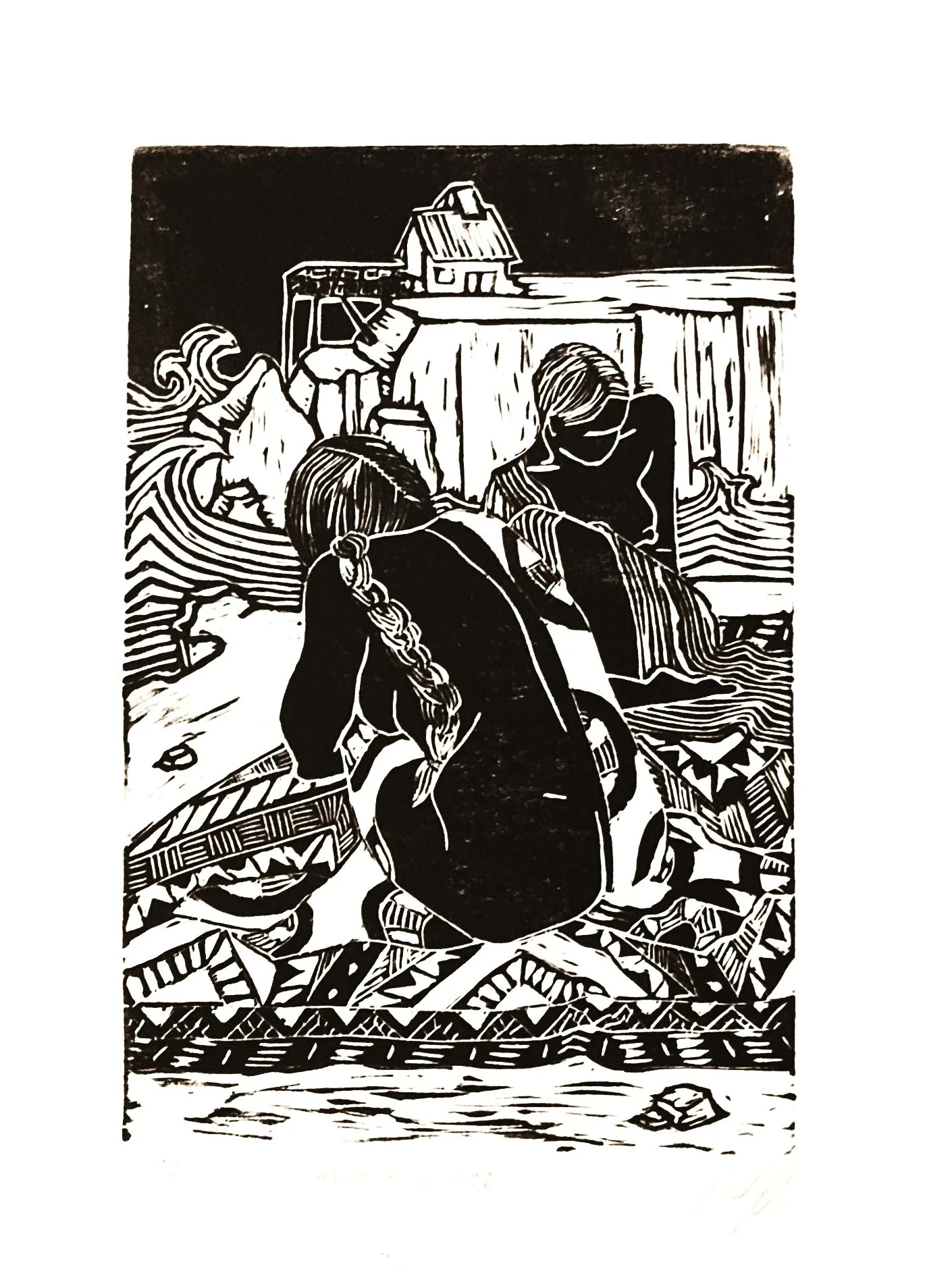 Ladies on the cliff (2018) - 8x6 in., Linocut, handprinted ink on watercolor paper (SOLD OUT)