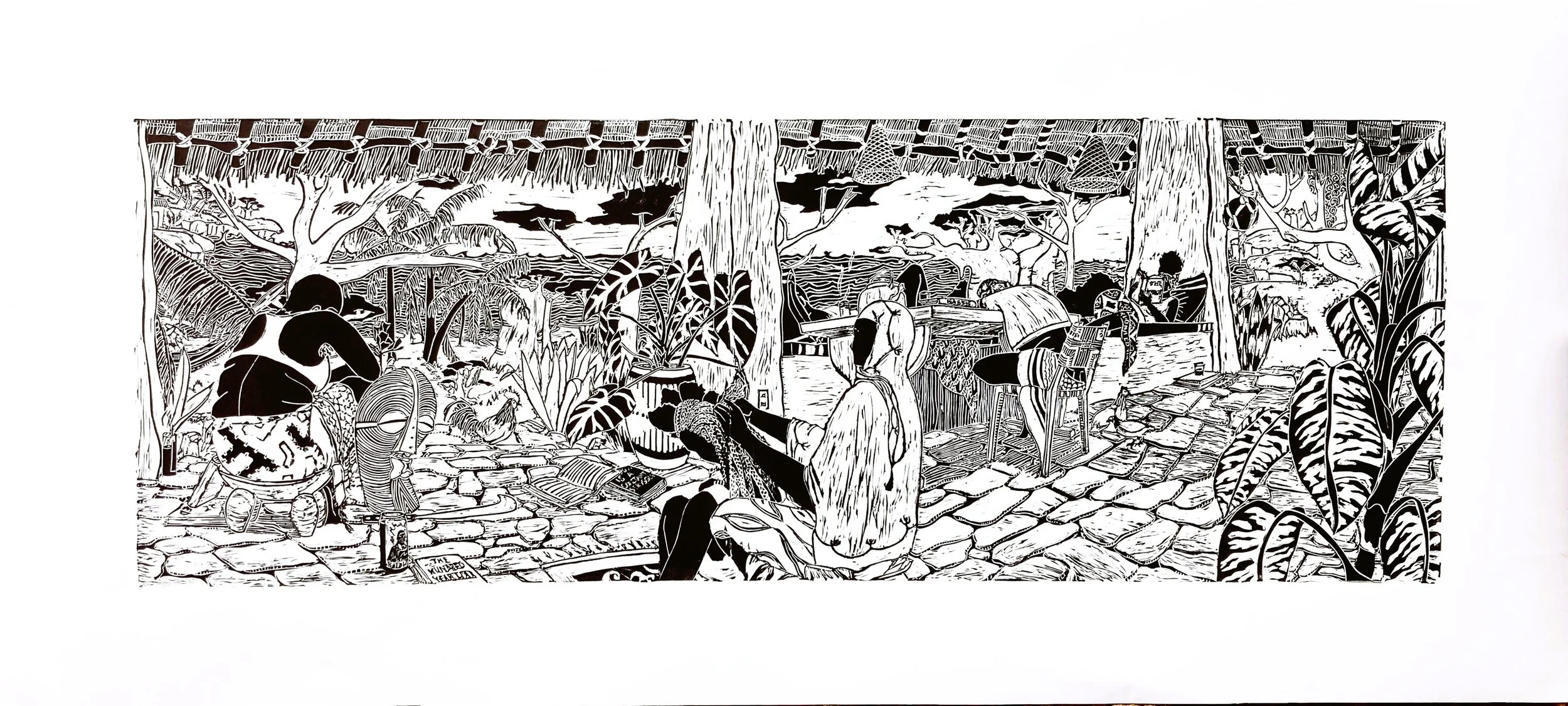 Sanctuary (2026) - 14x35 in., Linocut, handprinted ink on printmaking paper