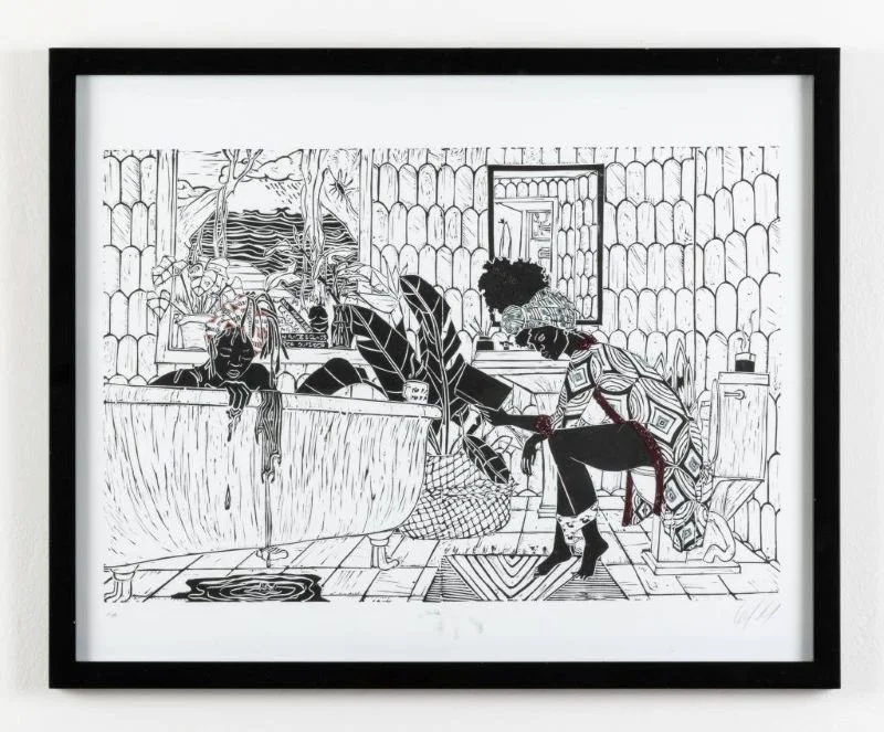 Safe (2024) - 16x20 in., Linocut, handprinted ink withe embroidered thread on watercolor paper
