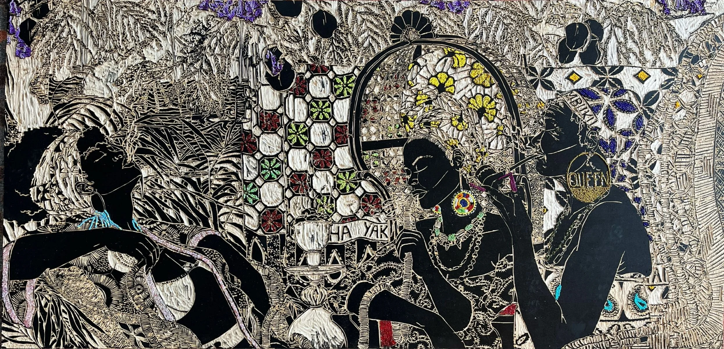 Wicker and Smoke, 2026- Black ink and colored glass beads on hand-carved birch plywood 
