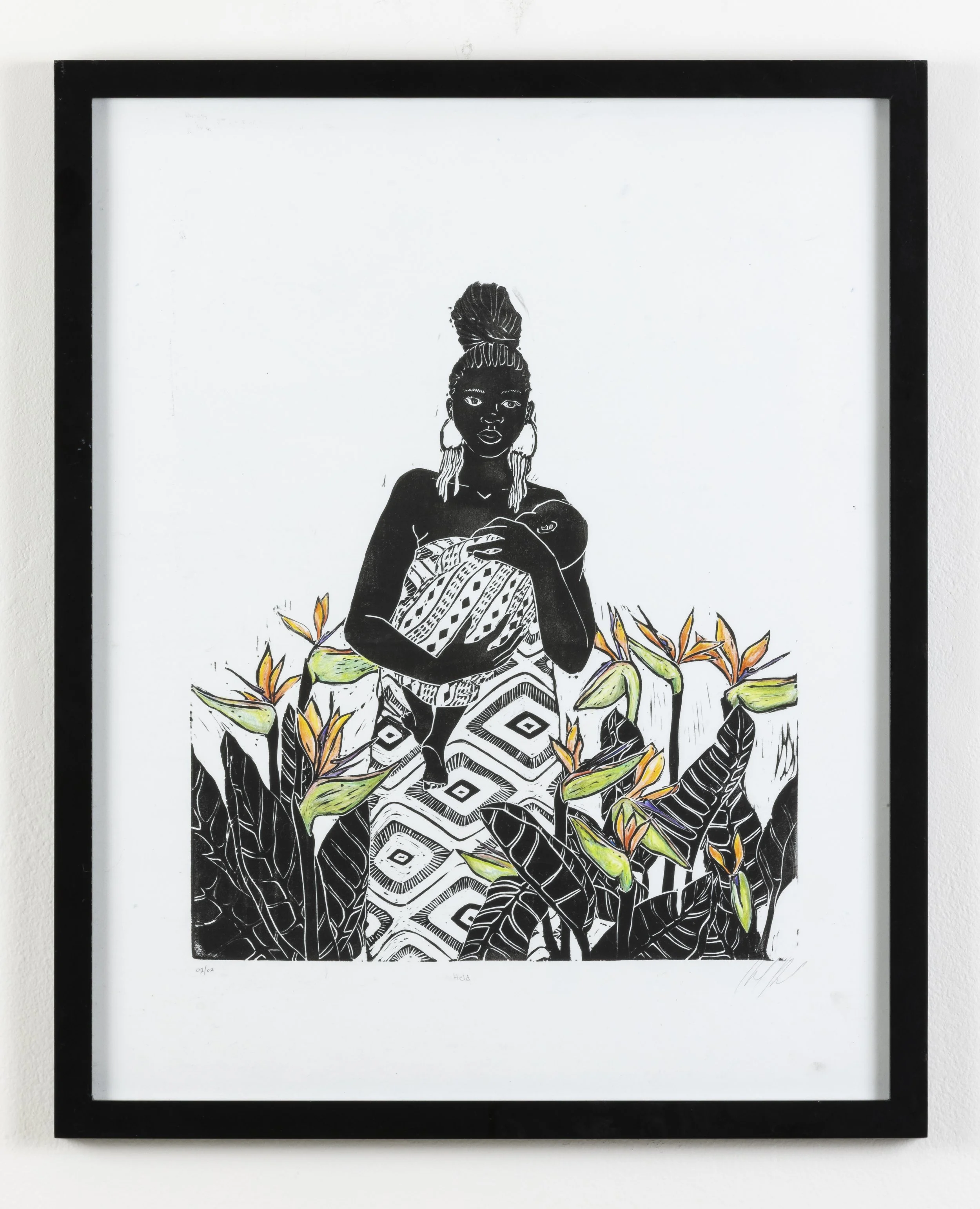 Held (2022) - 20x16 in., Linocut, handprinted ink on watercolor paper with colored pencil accents.