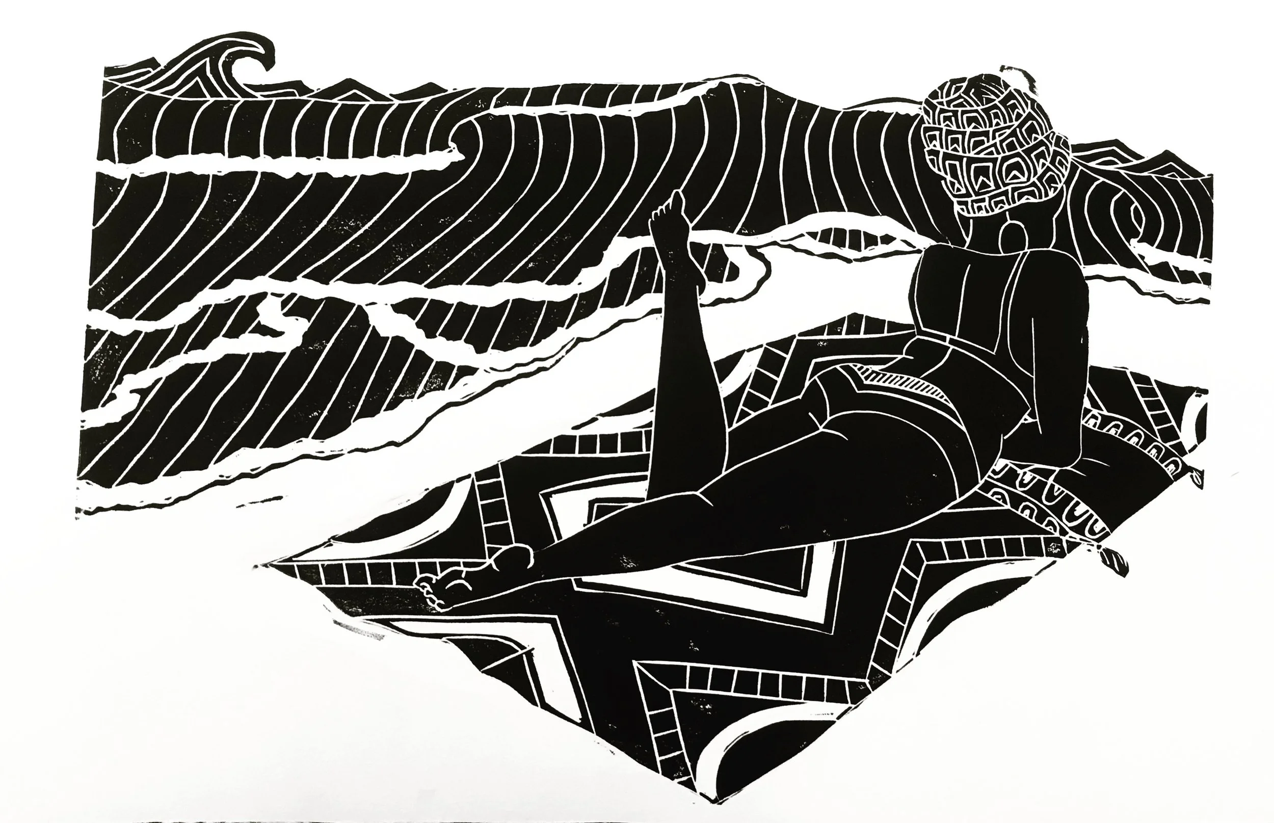 Beach day (2020) - 7x11 in., Linocut, handprinted ink on watercolor paper (SOLD OUT)