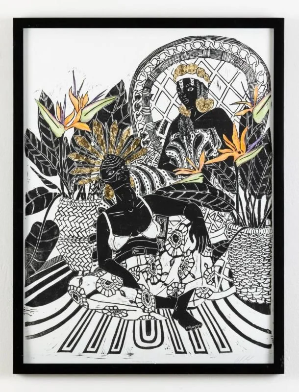 Golden Queens (2020)- 24x18 in. Linocut, handprinted ink with gold leaf and colored pencil accents on watercolor paper