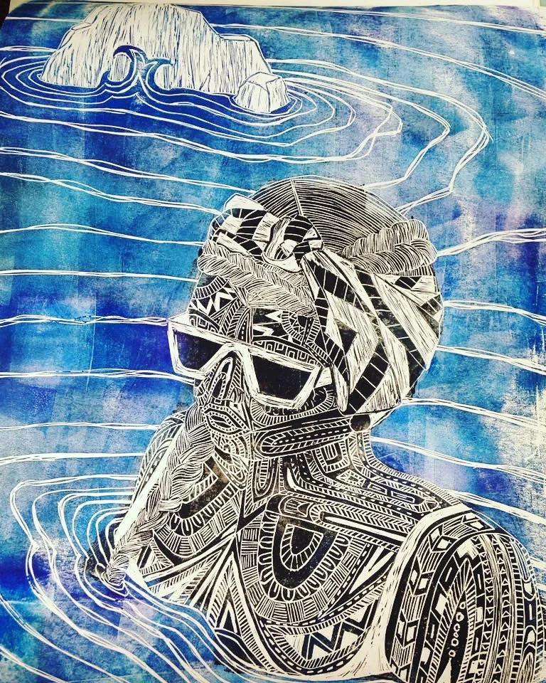 Plunge (2018) - 14x11 in., Linocut, handprinted ink on watercolor paper (SOLD OUT)
