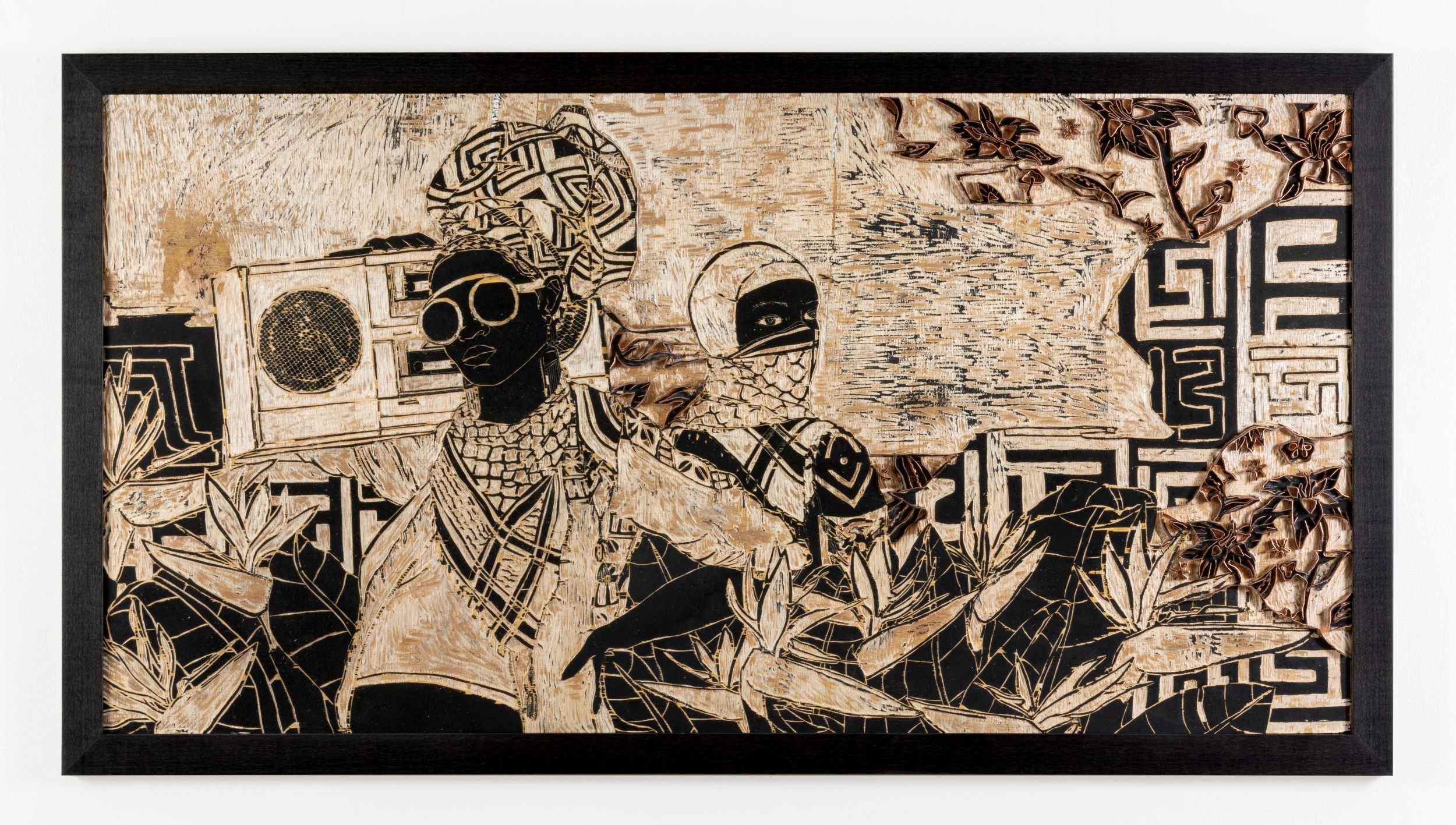Justice Entwined, 2025 (SOLD)- Black ink and copper strips on hand-carved birch plywood (50.5x28x1 inches with frame) 