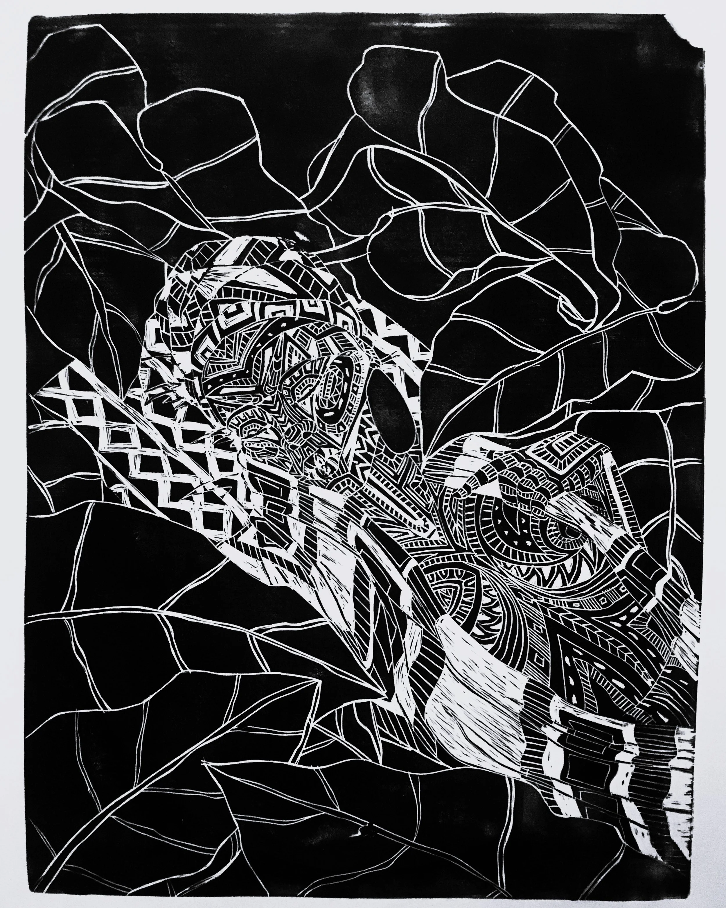 Sleeping in Leaves (2018) - 14x11 in., Linocut, handprinted ink on watercolor paper (SOLD OUT)