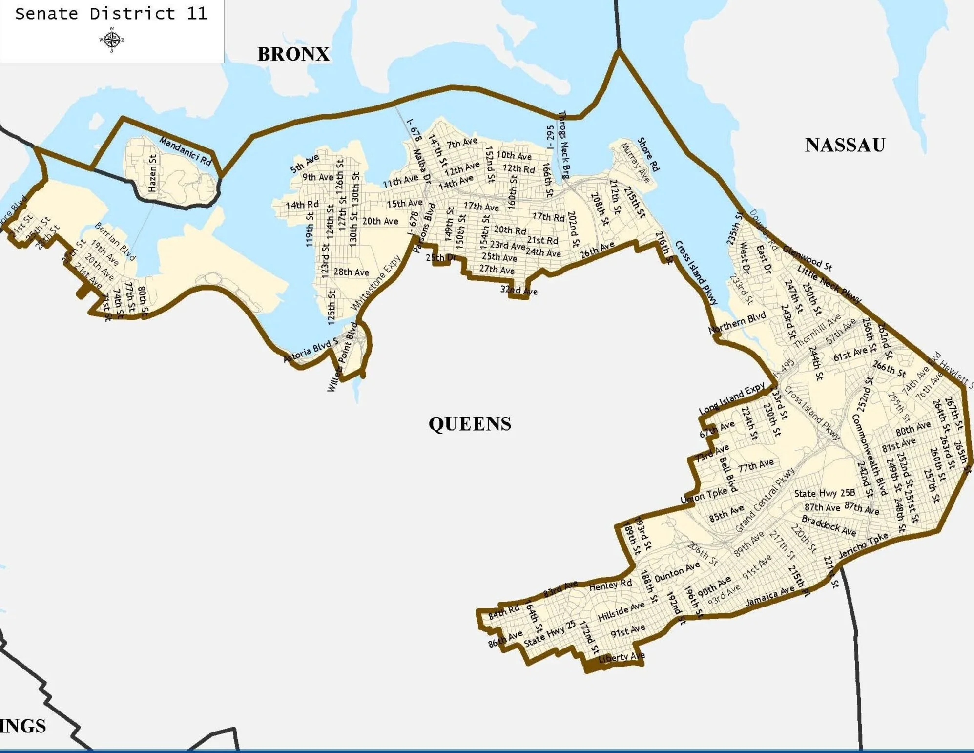 Map showing areas within Senate District 11, including parts of Queens and the Bronx, with neighborhood streets and major roads labeled.