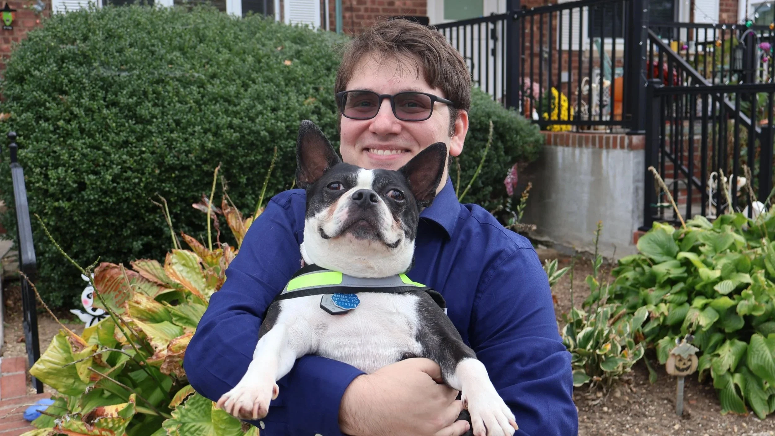 A man with glasses smiling while holding a Boston Terrier dog in front of bushes and plants in a garden.