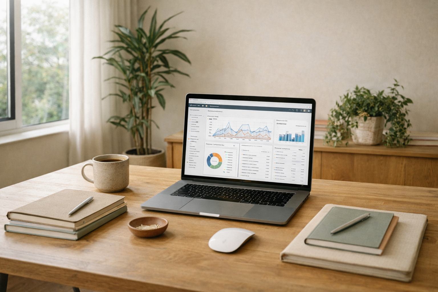 Laptop displaying marketing analytics on a minimalist workspace desk in a calm wellness inspired office.