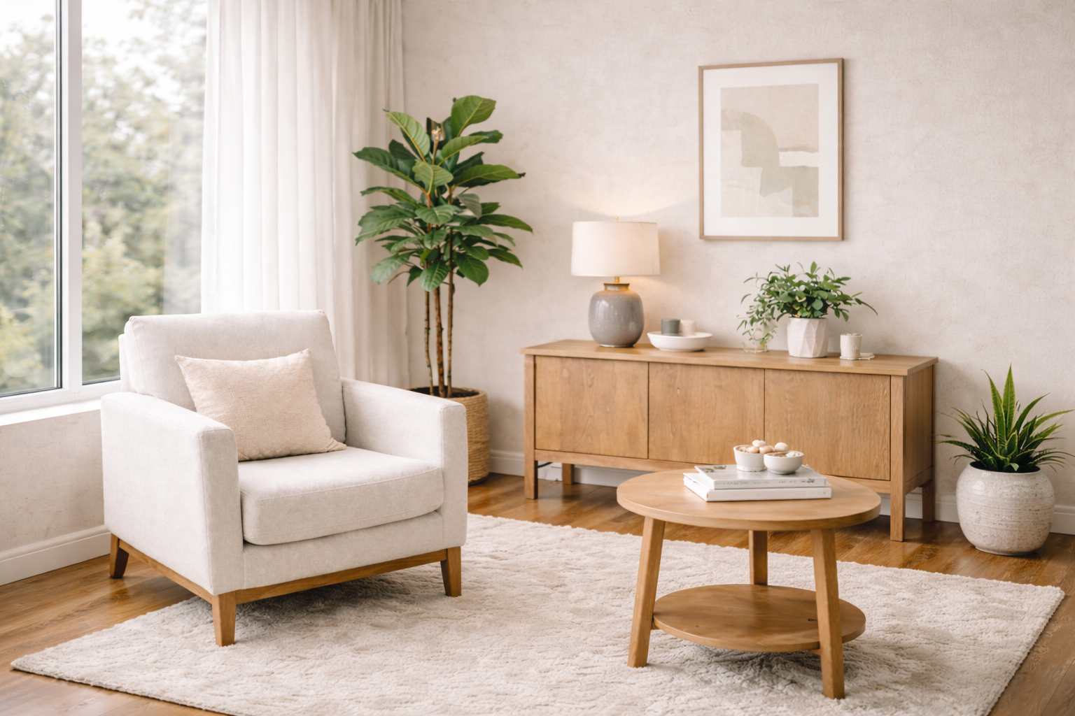 Minimalist therapy office with comfortable chair, indoor plants, natural light, and calming neutral wellness design.