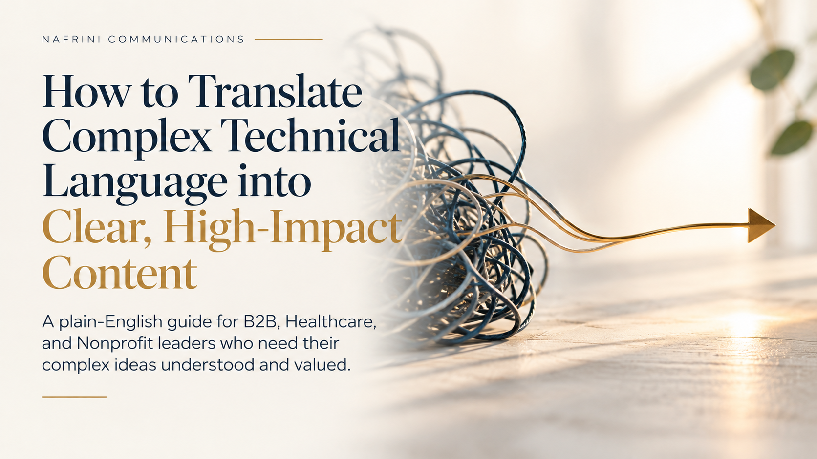 A tangled cluster of dark wires transforms into a single gold arrow, illustrating how Nafrini Communications turns complex technical language into clear, high-impact content.